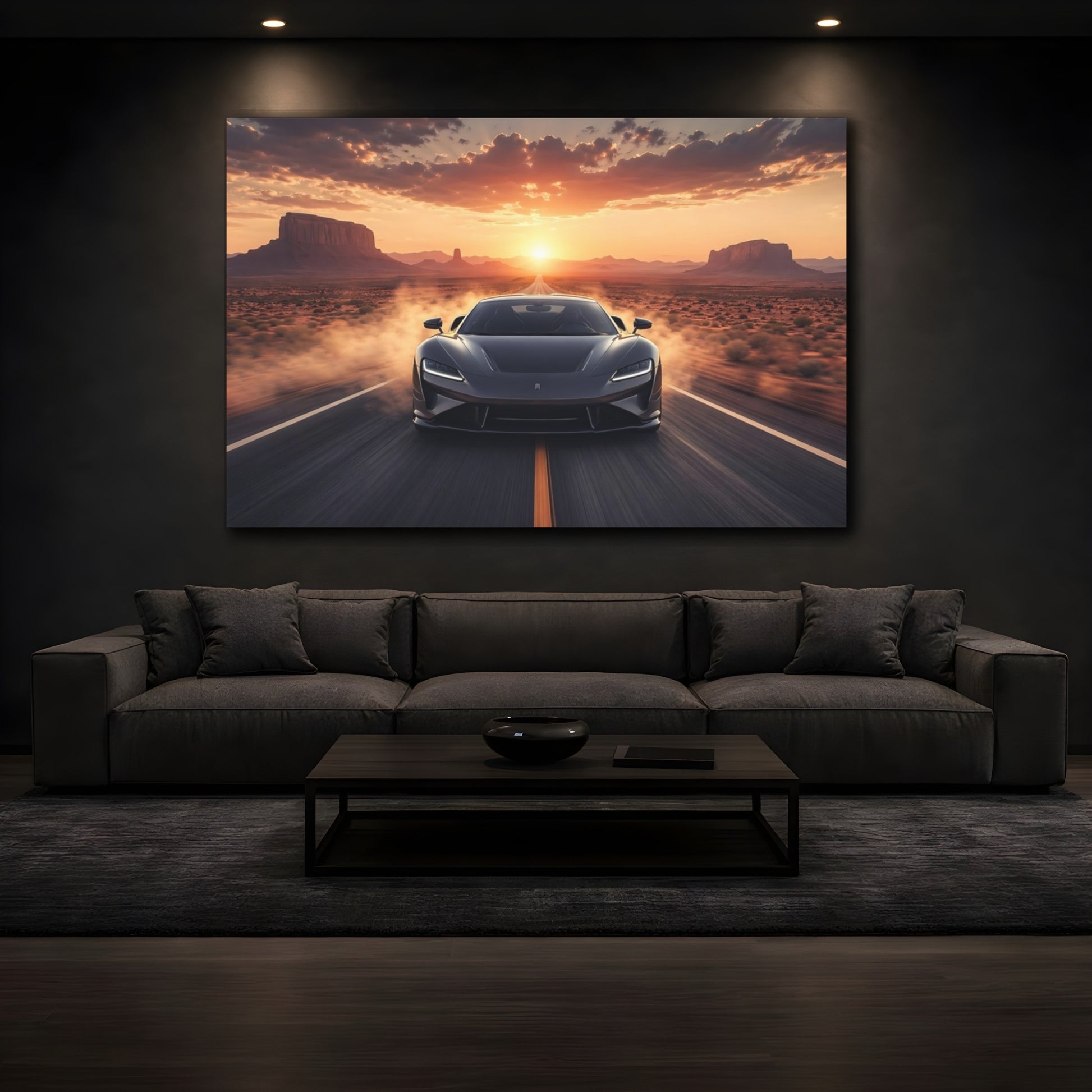 Mockup 4. Science Fiction Futuristic Car Orange Sunset shown as stretched canvas wall art