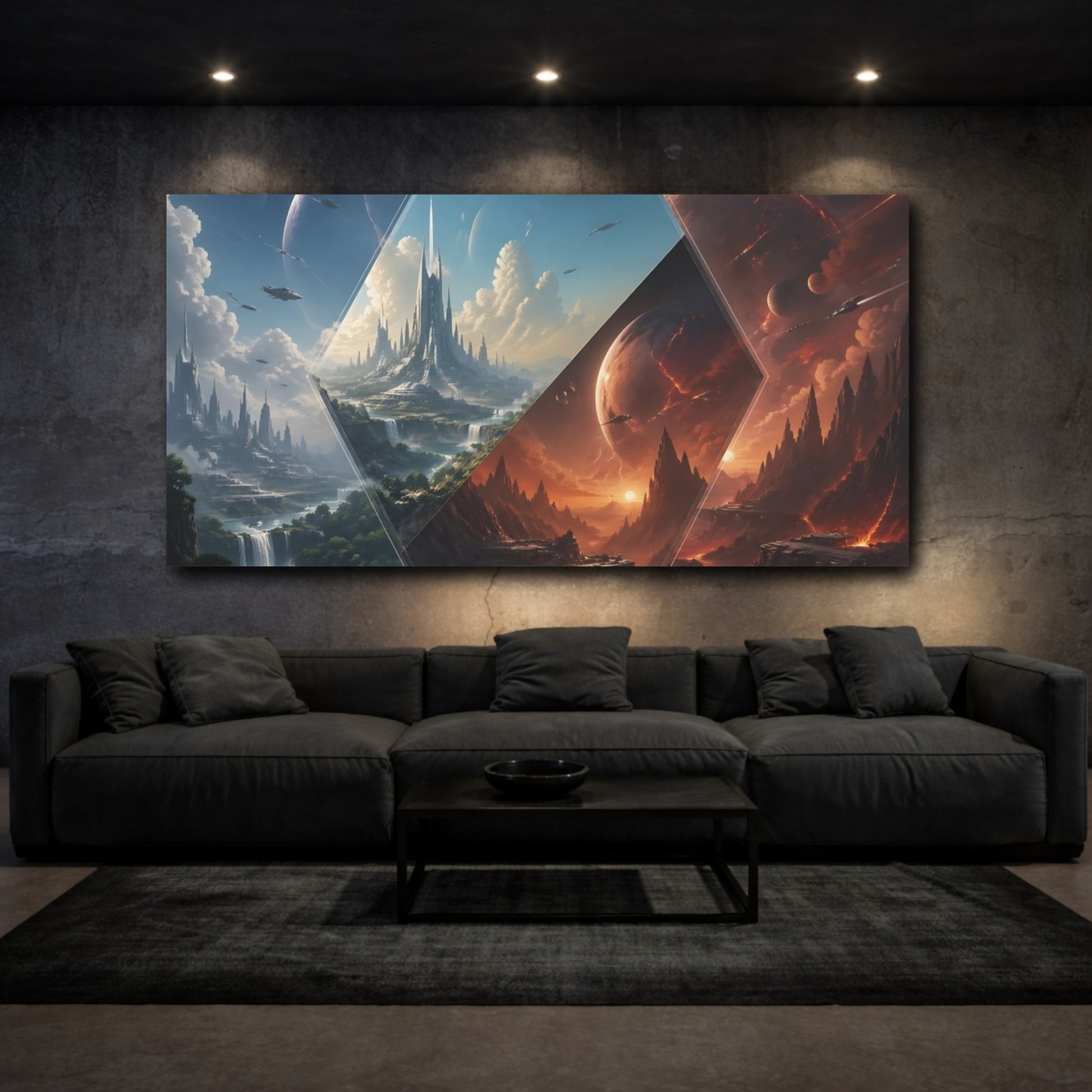 Mockup 2. Science Fiction Futuristic Cities Sci-Fi Landscape shown as stretched canvas wall art