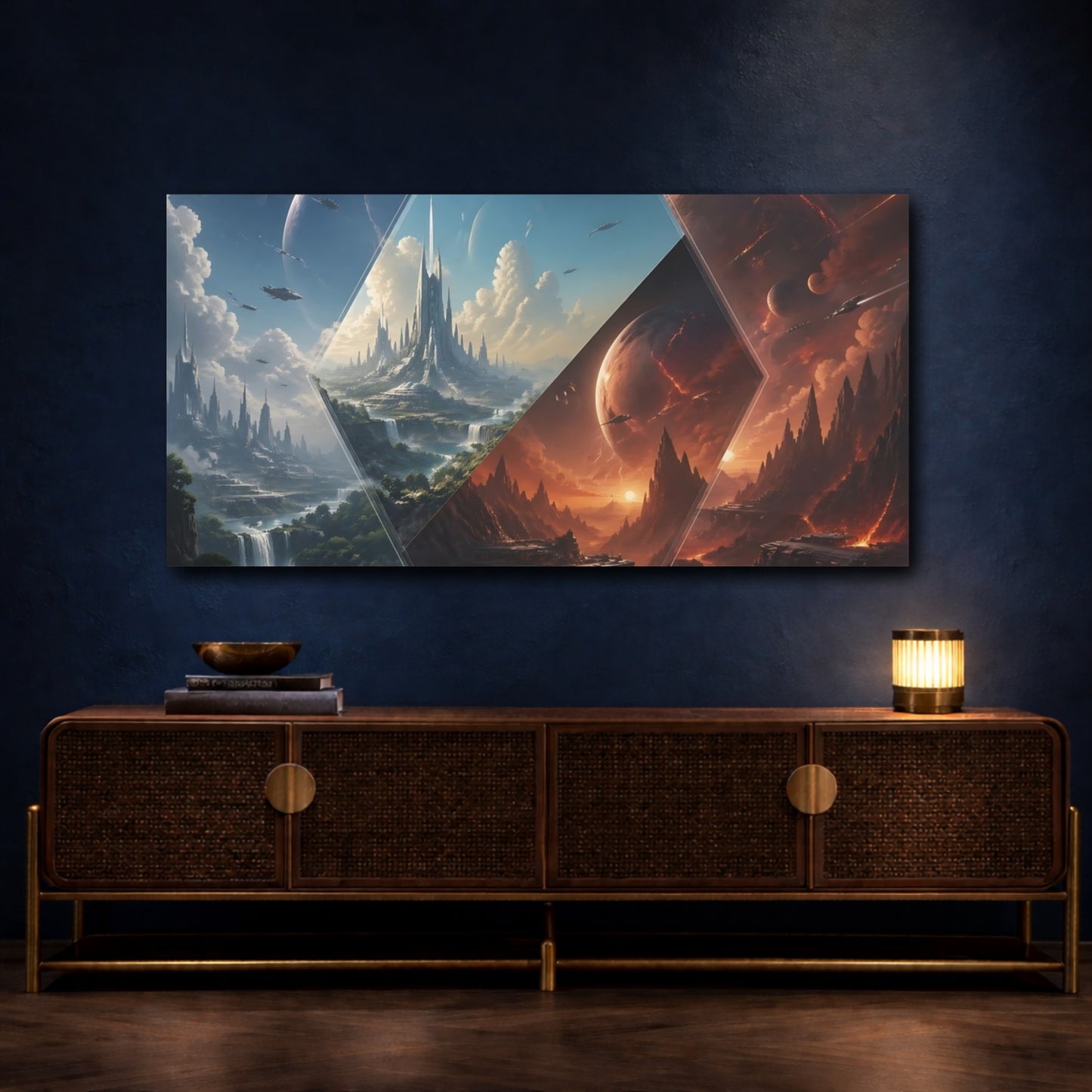 Mockup 4. Science Fiction Futuristic Cities Sci-Fi Landscape shown as stretched canvas wall art