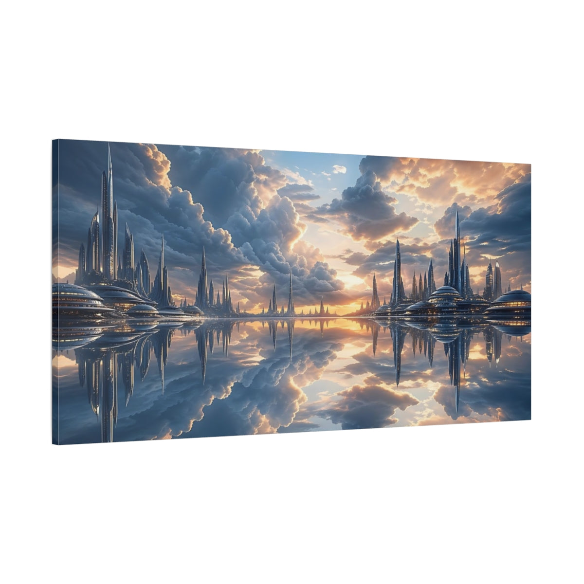 Side Mockup 2. Science Fiction Futuristic City Blue And Orange shown as stretched canvas wall art