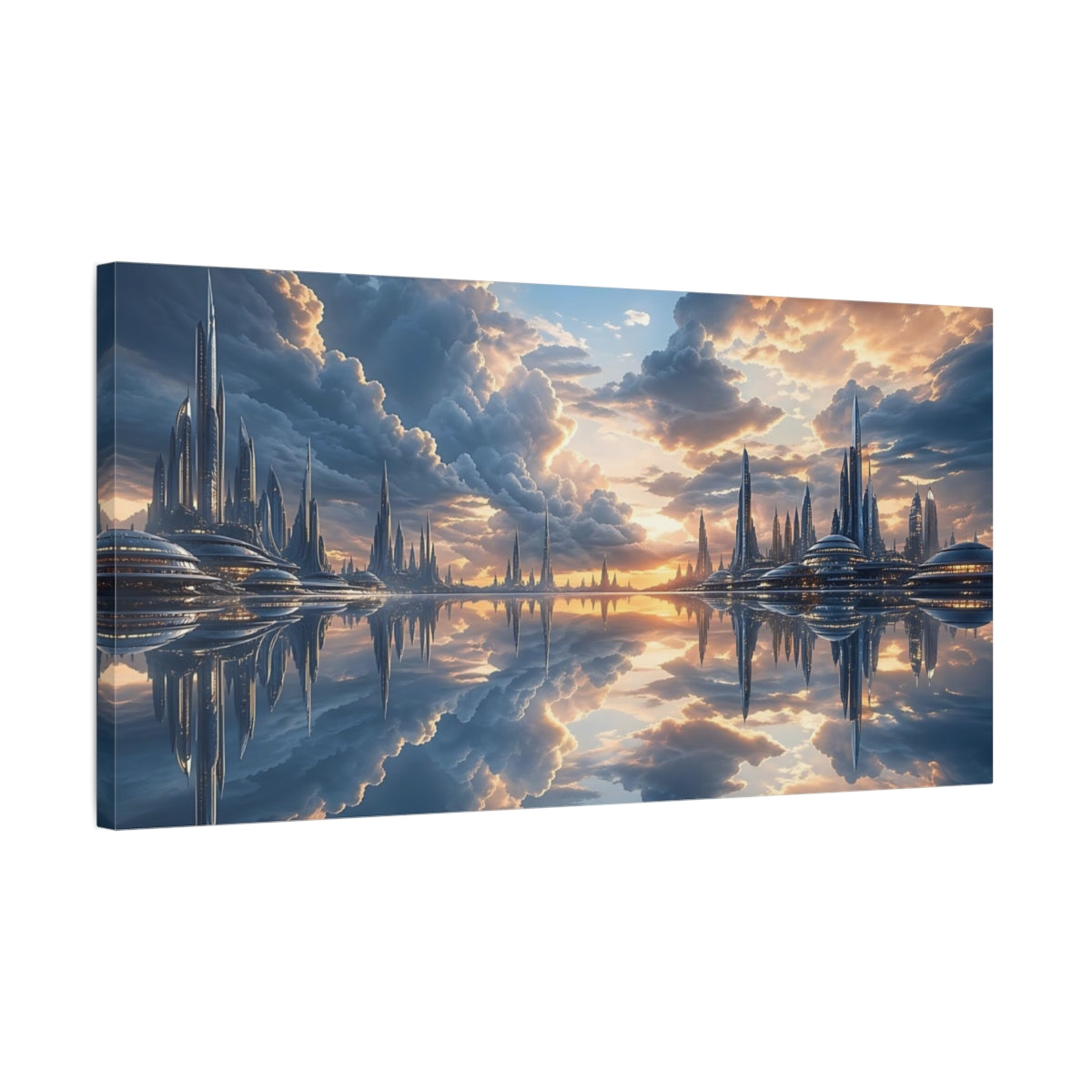 Side Mockup 1. Science Fiction Futuristic City Blue And Orange shown as stretched canvas wall art