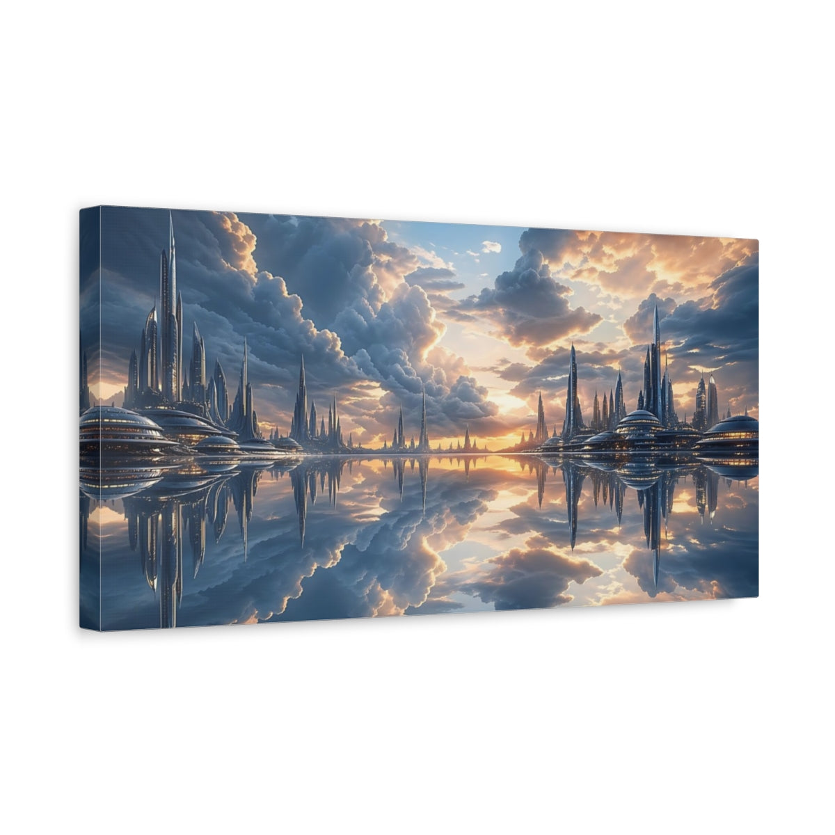 Side Mockup 3. Science Fiction Futuristic City Blue And Orange shown as stretched canvas wall art