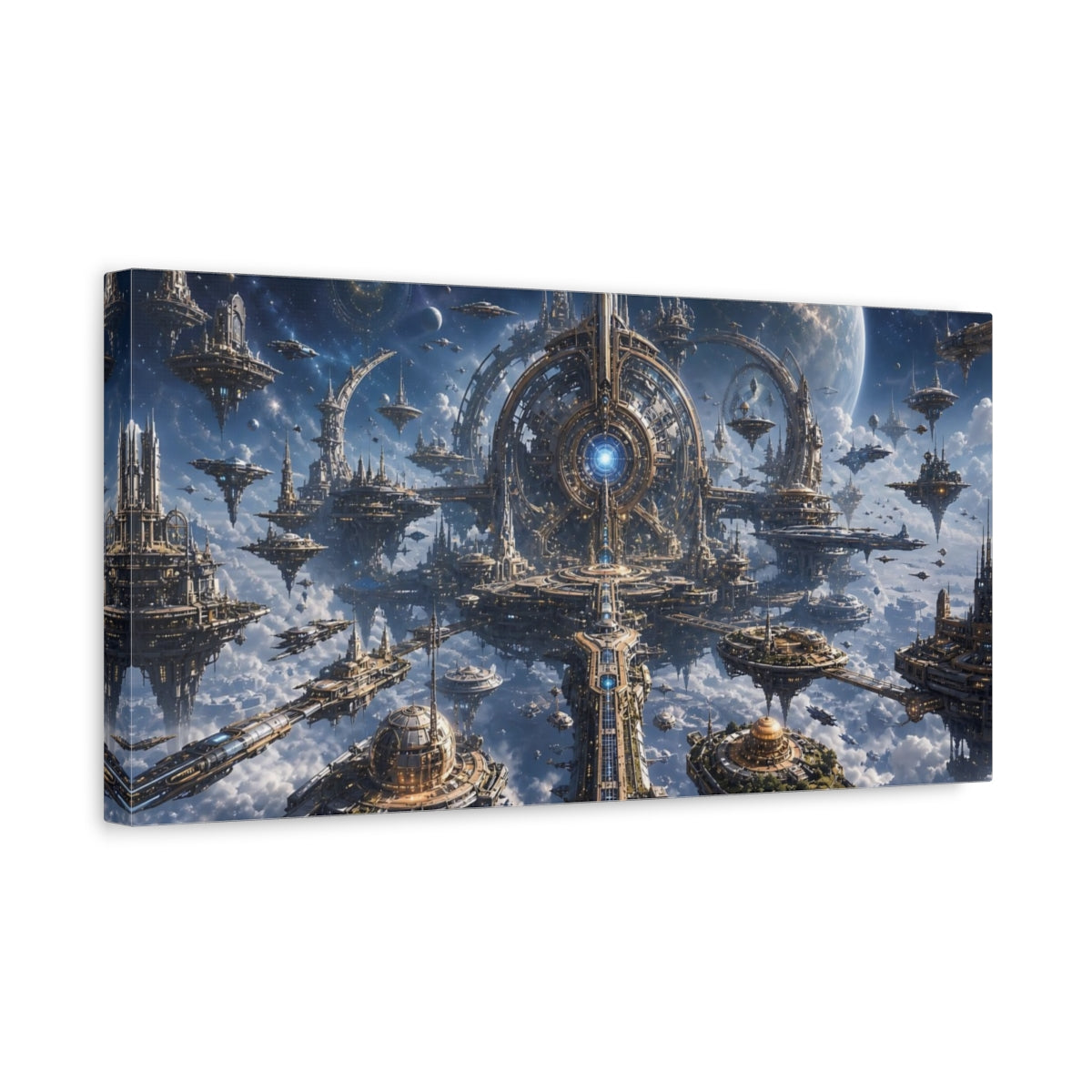 Side Mockup 3. Science Fiction Futuristic City Blue And Gold shown as stretched canvas wall art