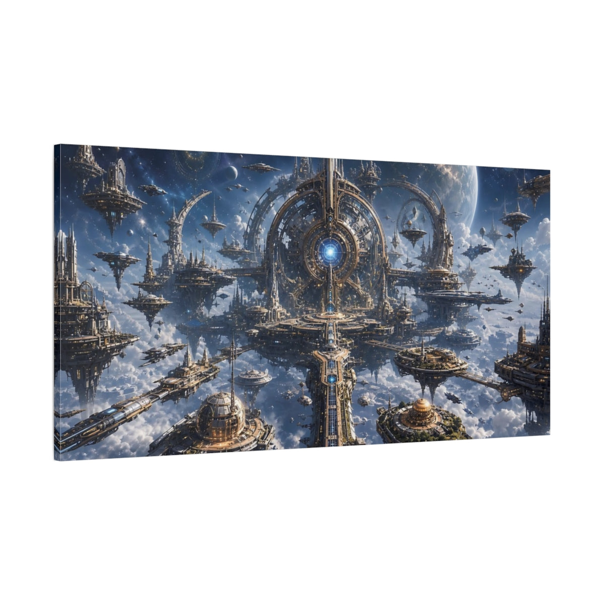 Side Mockup 2. Science Fiction Futuristic City Blue And Gold shown as stretched canvas wall art