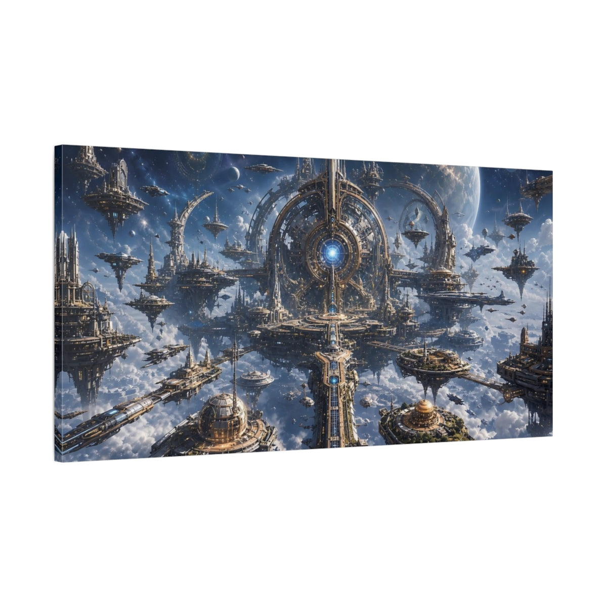 Main Mockup. Science Fiction Futuristic City Blue And Gold shown as stretched canvas wall art