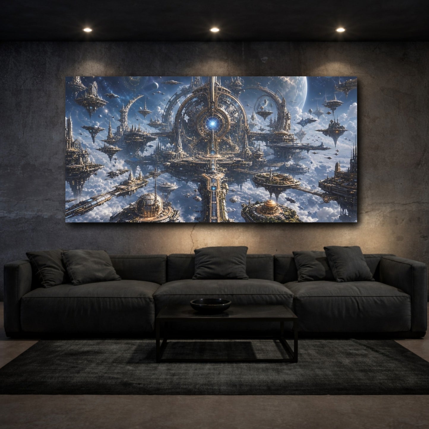 Mockup 2. Science Fiction Futuristic City Blue And Gold shown as stretched canvas wall art