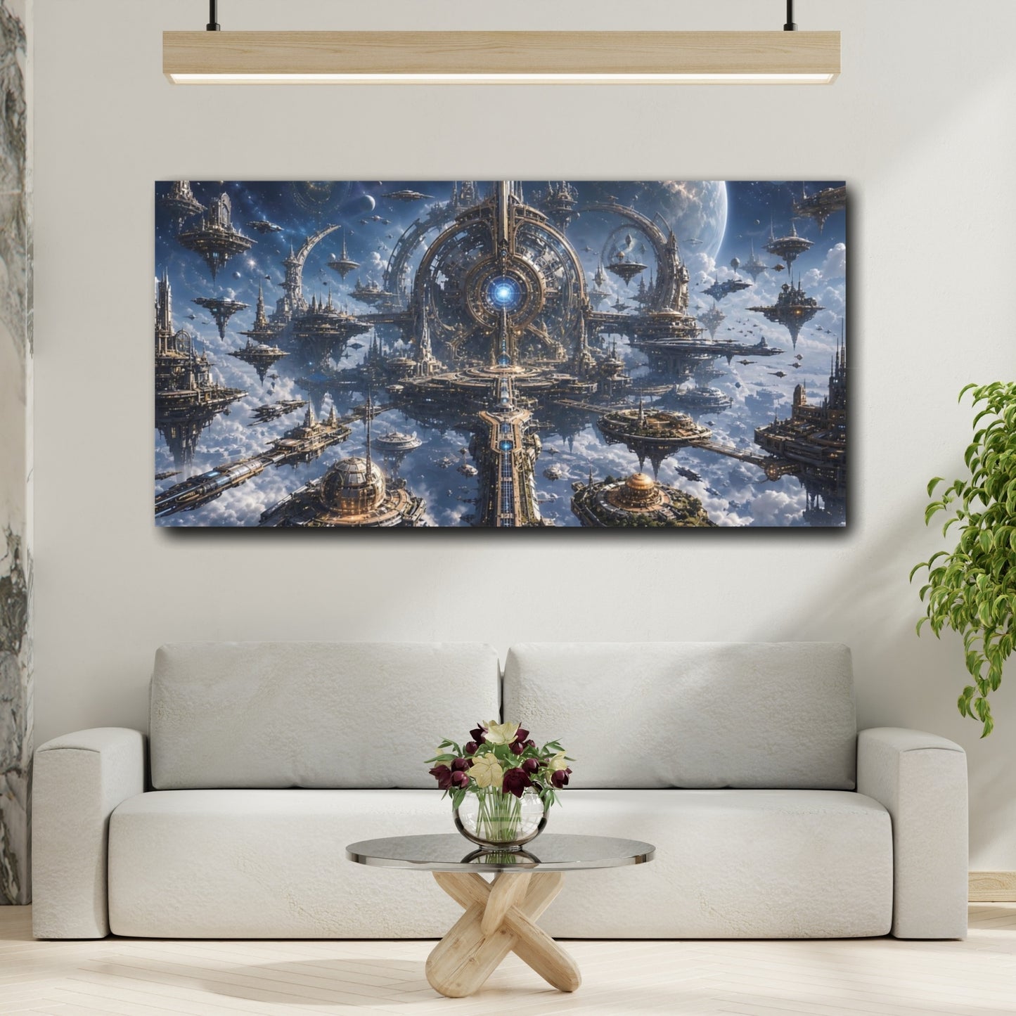 Mockup 3. Science Fiction Futuristic City Blue And Gold shown as stretched canvas wall art
