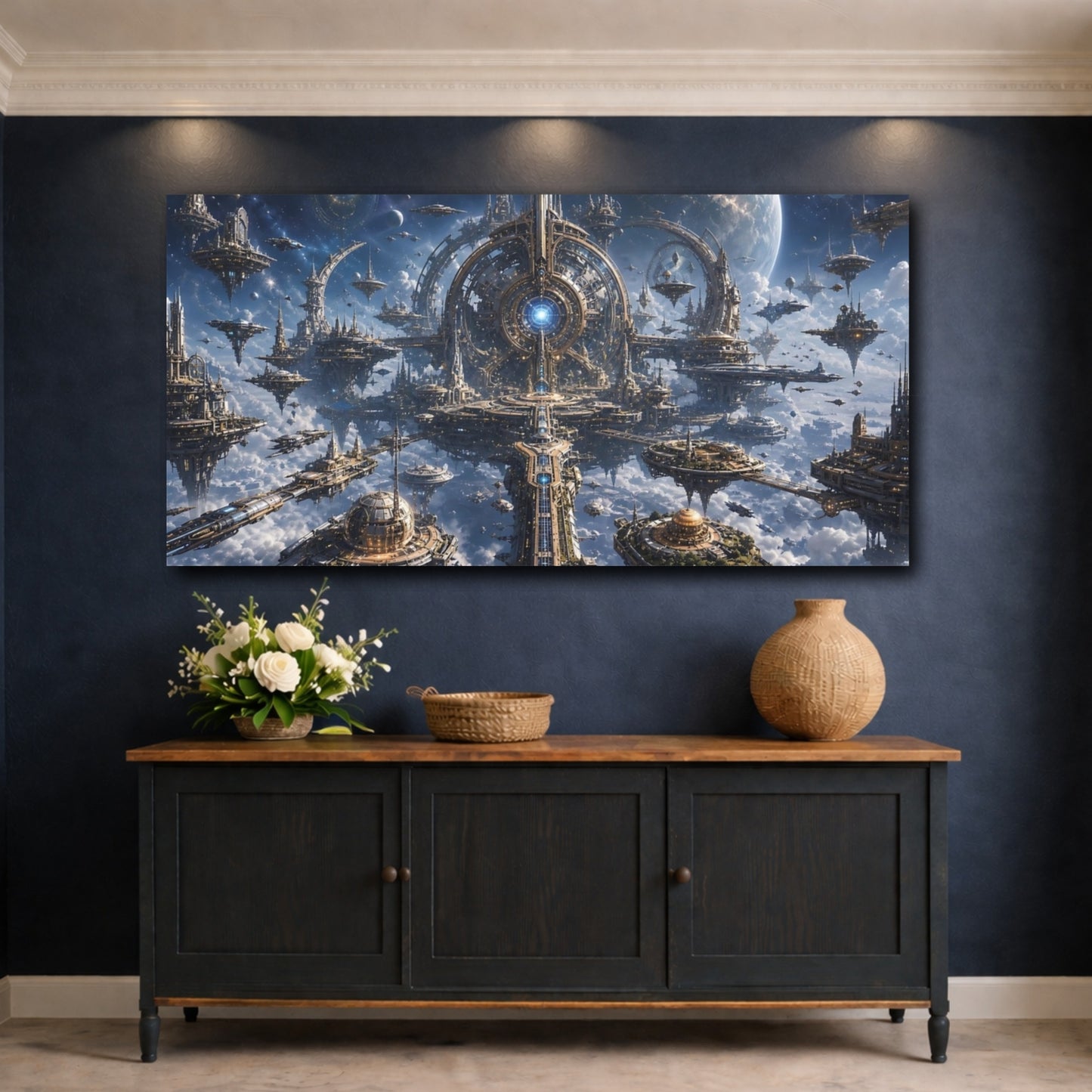 Mockup 4. Science Fiction Futuristic City Blue And Gold shown as stretched canvas wall art