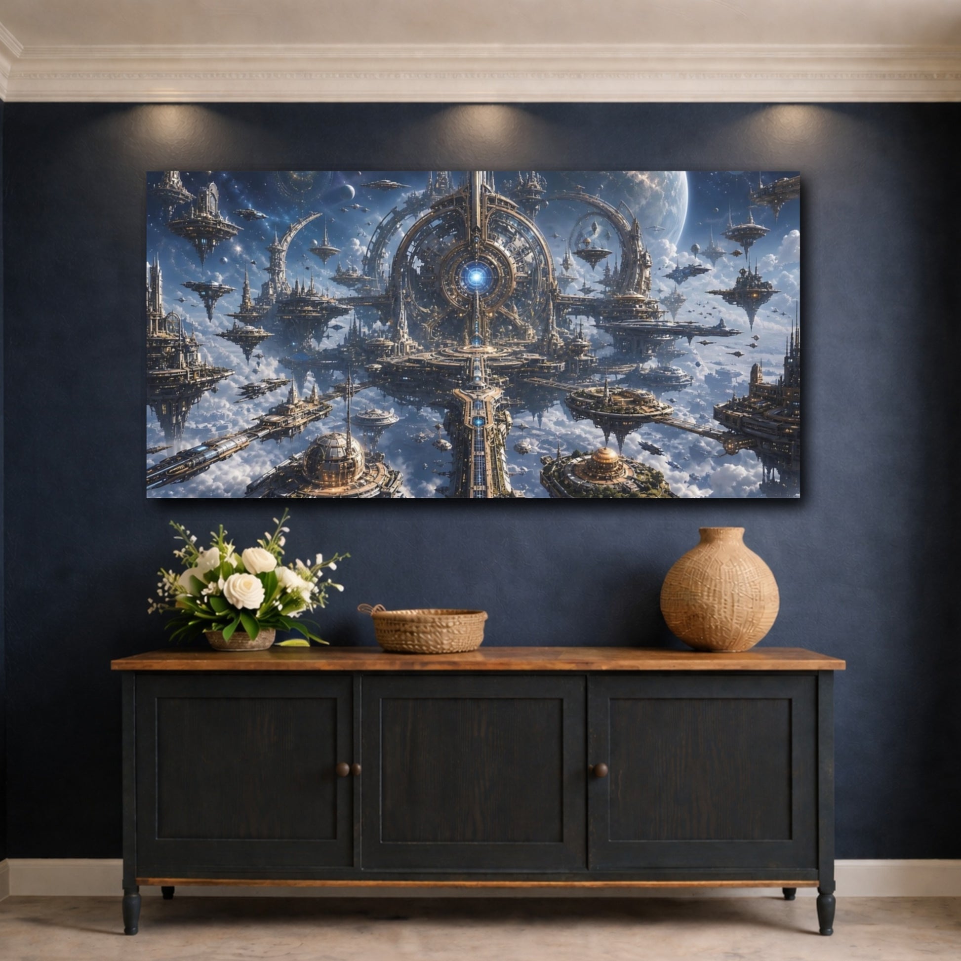 Mockup 4. Science Fiction Futuristic City Blue And Gold shown as stretched canvas wall art