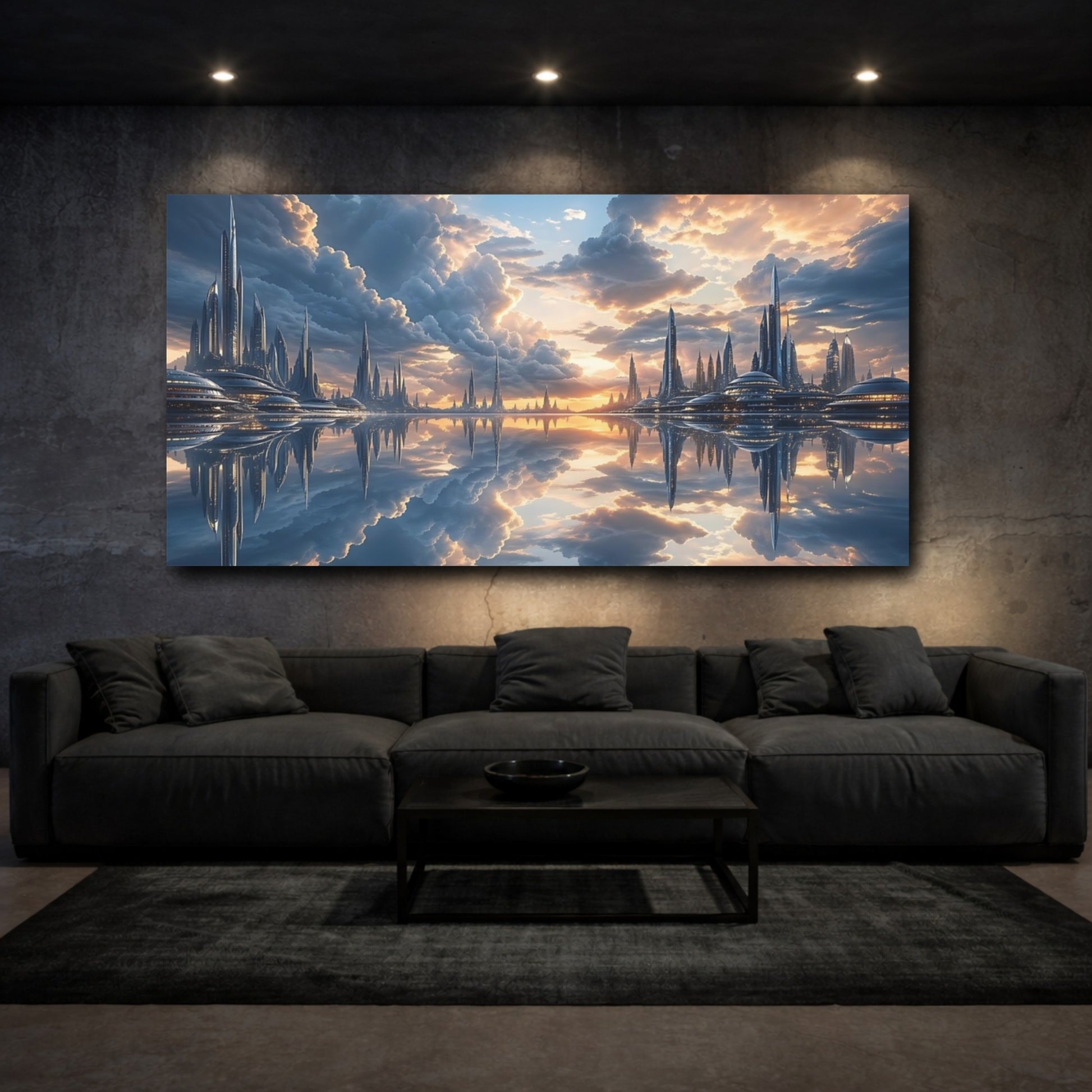 Mockup 2. Science Fiction Futuristic City Blue And Orange shown as stretched canvas wall art