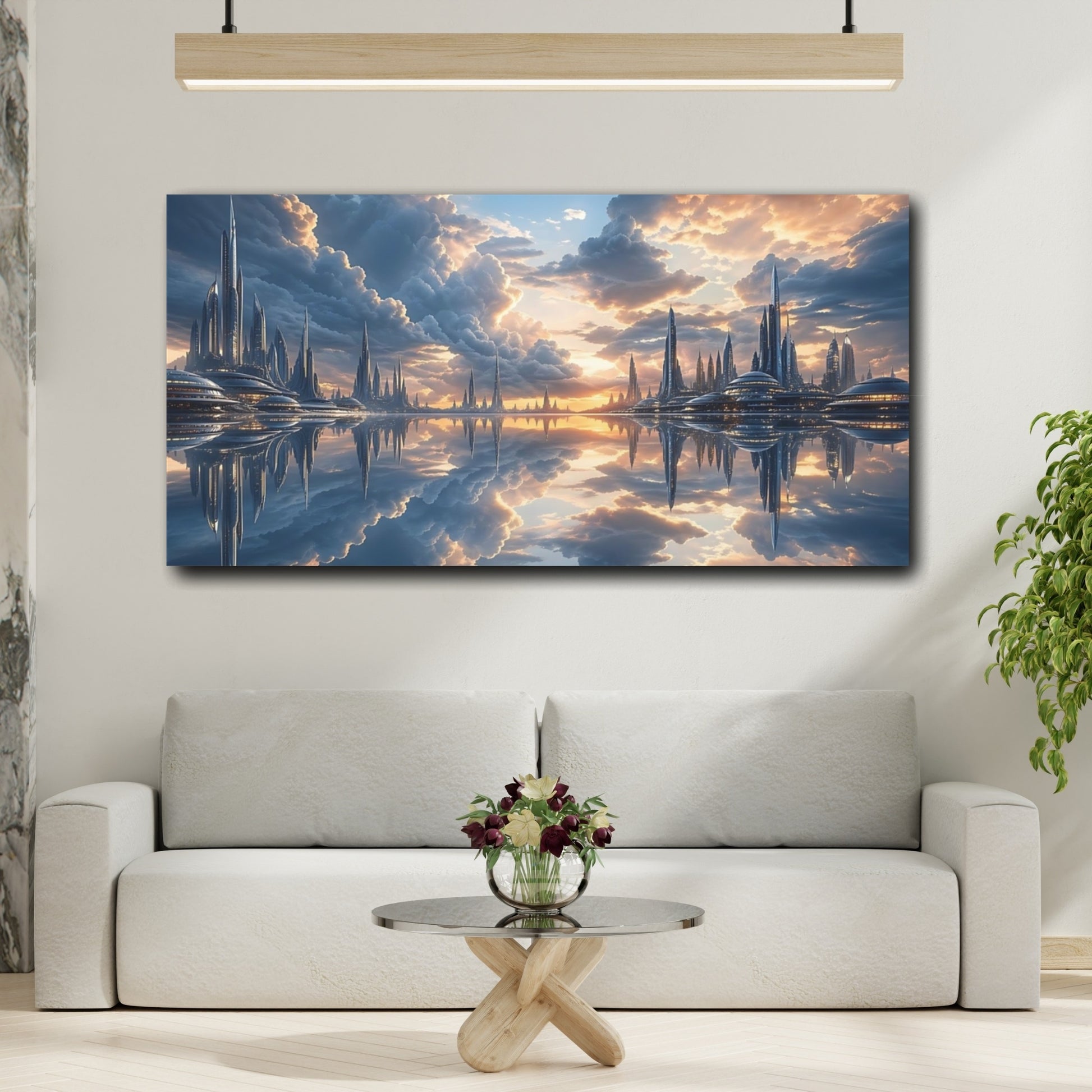 Mockup 3. Science Fiction Futuristic City Blue And Orange shown as stretched canvas wall art