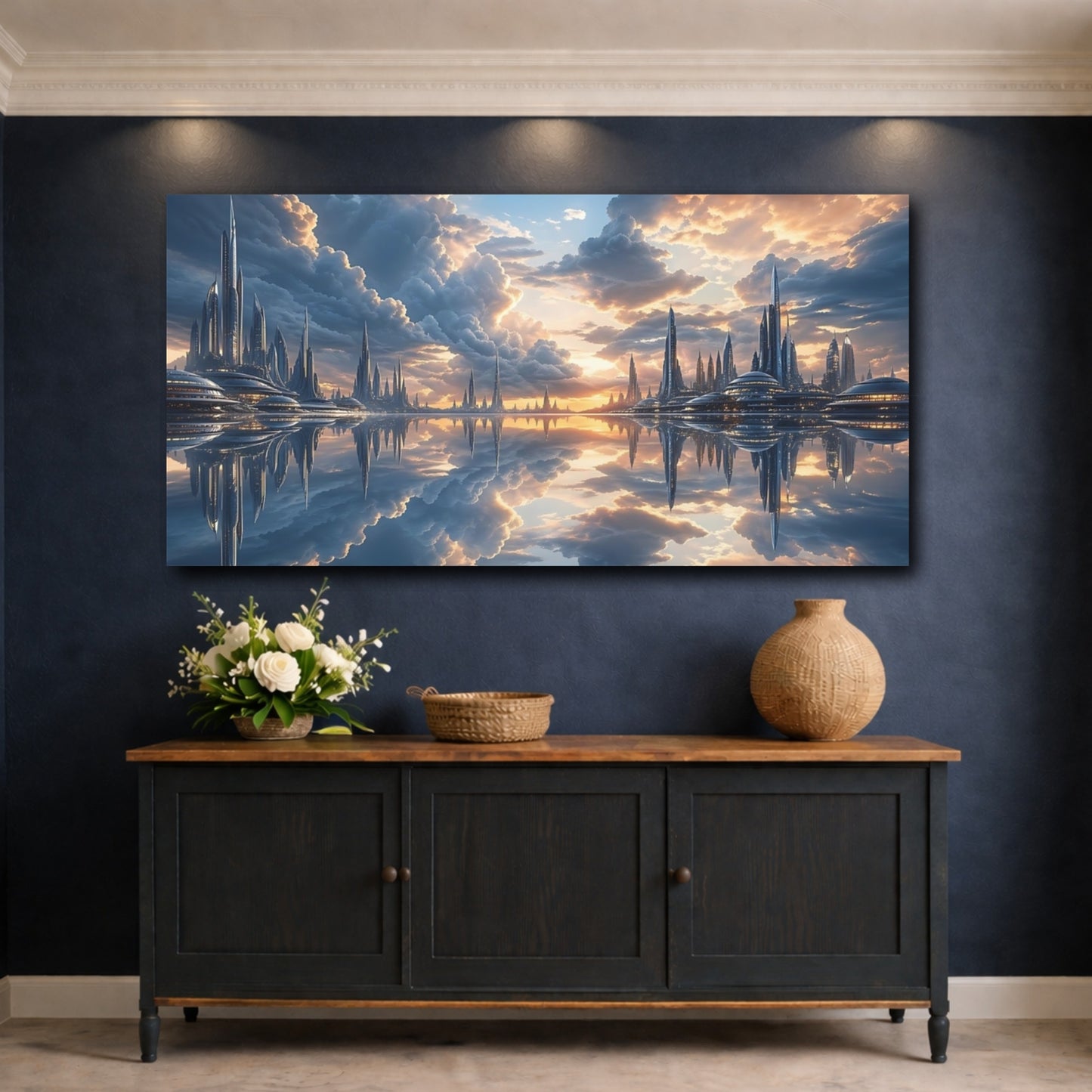 Mockup 4. Science Fiction Futuristic City Blue And Orange shown as stretched canvas wall art