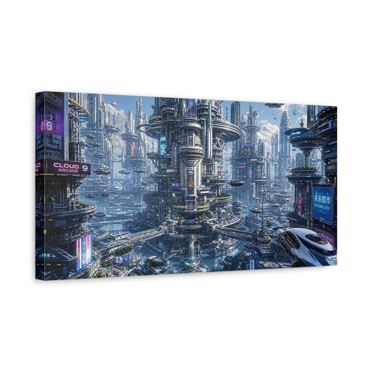 Side Mockup 3. Science Fiction Futuristic City Blue Neon City shown as stretched canvas wall art