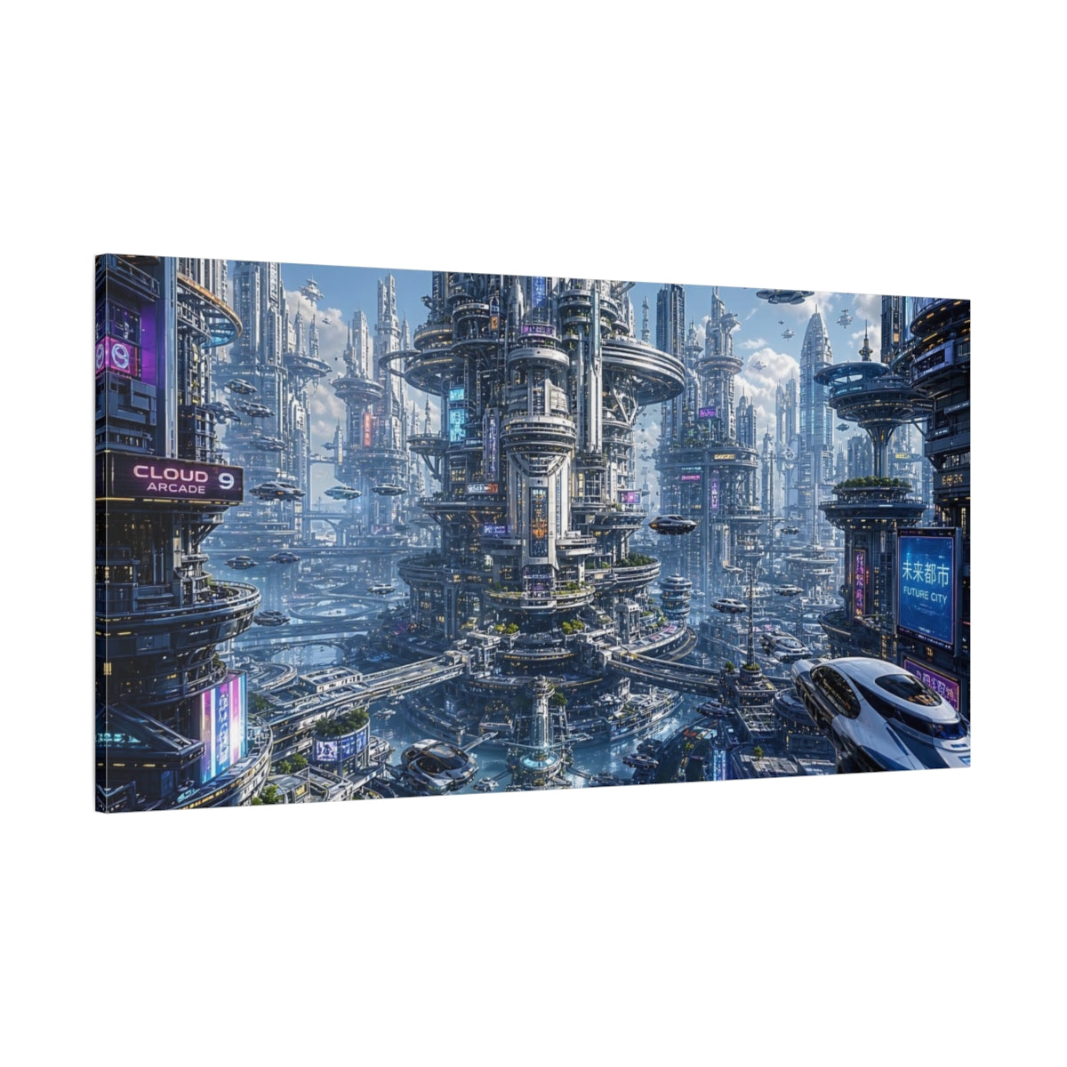 Side Mockup 2. Science Fiction Futuristic City Blue Neon City shown as stretched canvas wall art