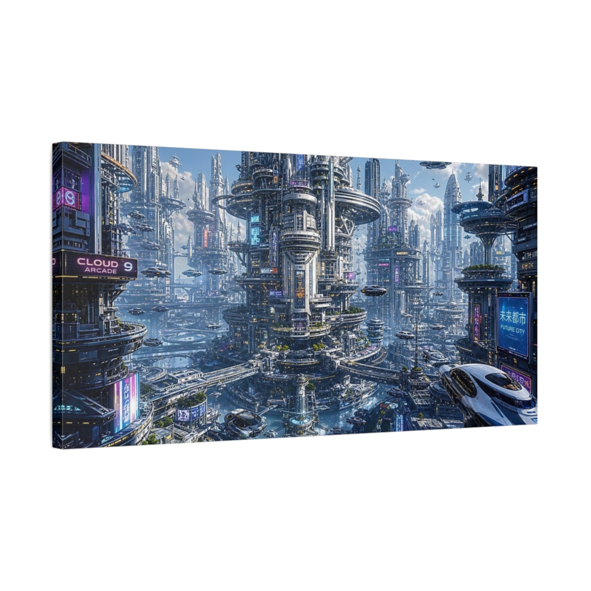 Side Mockup 1. Science Fiction Futuristic City Blue Neon City shown as stretched canvas wall art