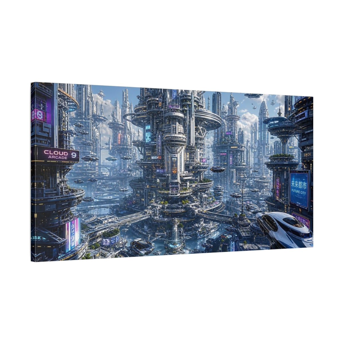 Main Mockup. Science Fiction Futuristic City Blue Neon City shown as stretched canvas wall art