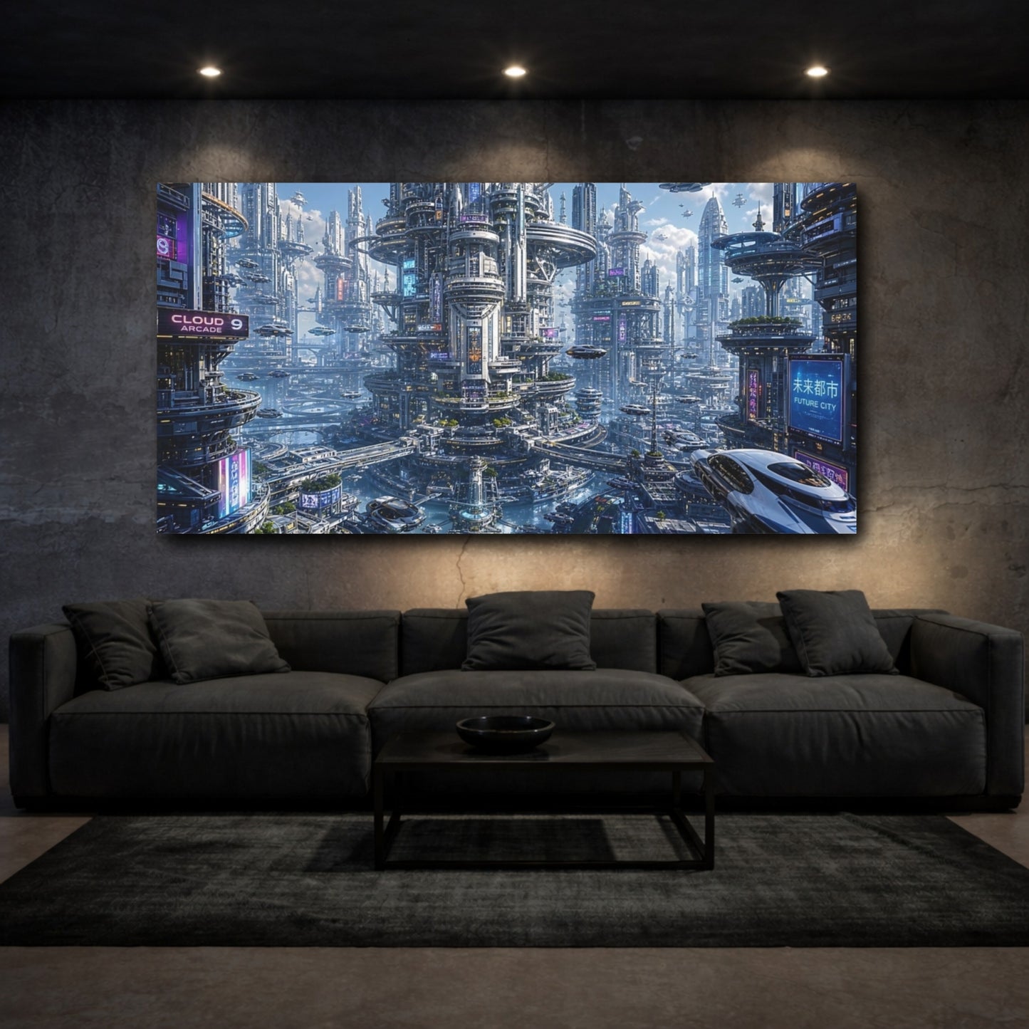 Mockup 2. Science Fiction Futuristic City Blue Neon City shown as stretched canvas wall art