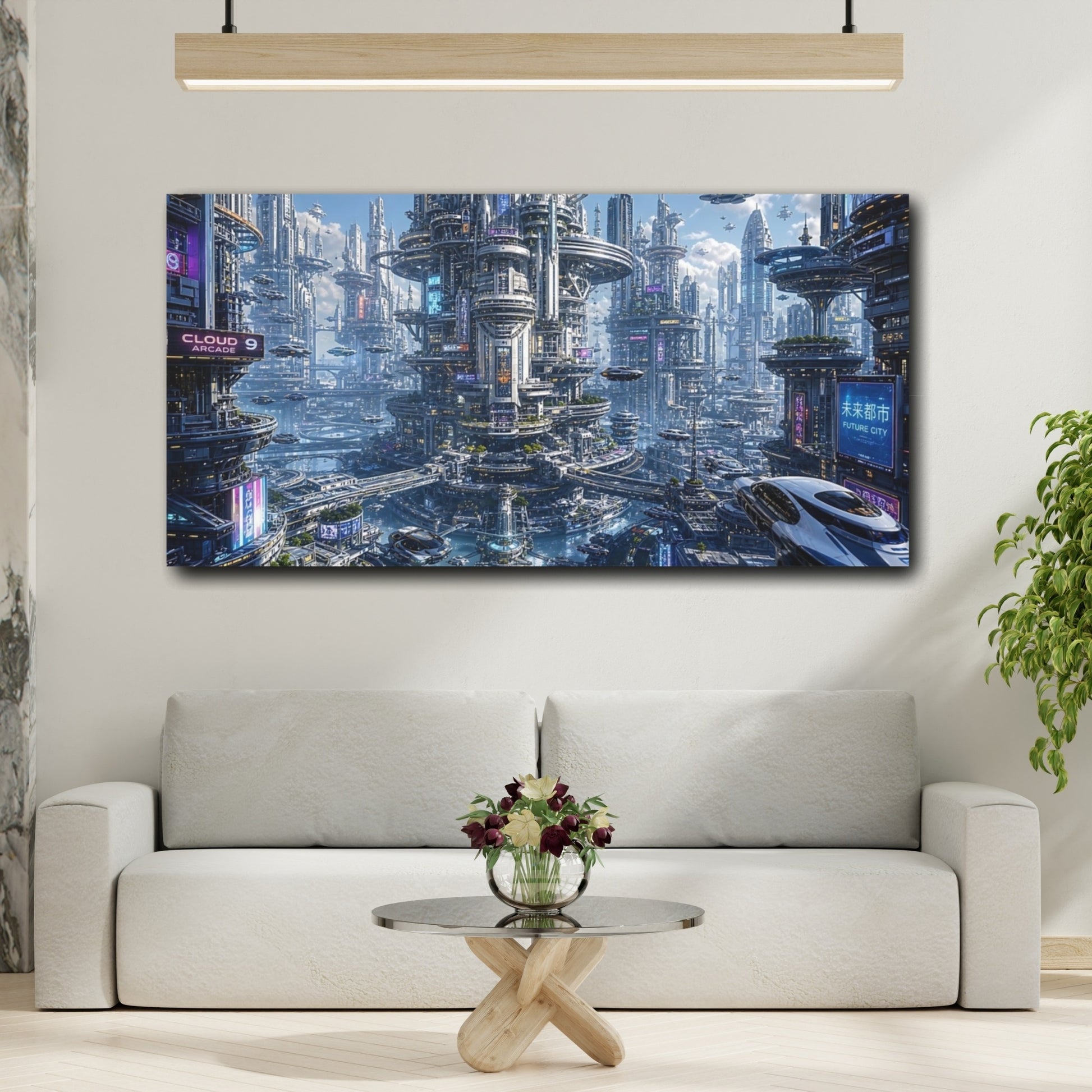 Mockup 3. Science Fiction Futuristic City Blue Neon City shown as stretched canvas wall art