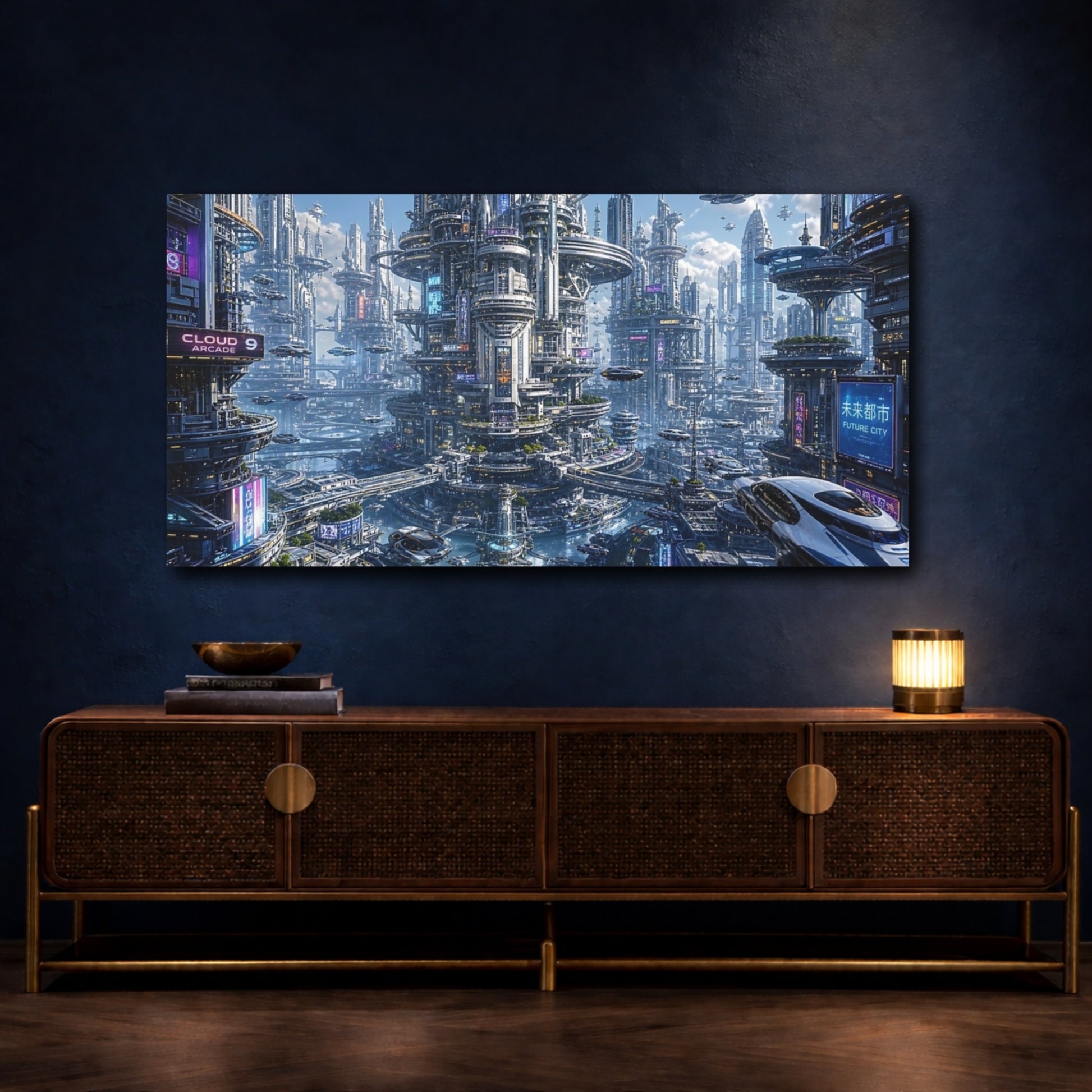 Mockup 4. Science Fiction Futuristic City Blue Neon City shown as stretched canvas wall art