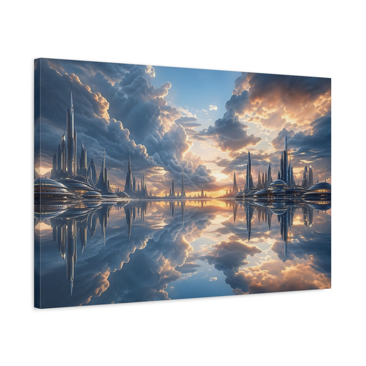 Side Mockup 2. Science Fiction Futuristic City Blue Orange Cityscape shown as stretched canvas wall art