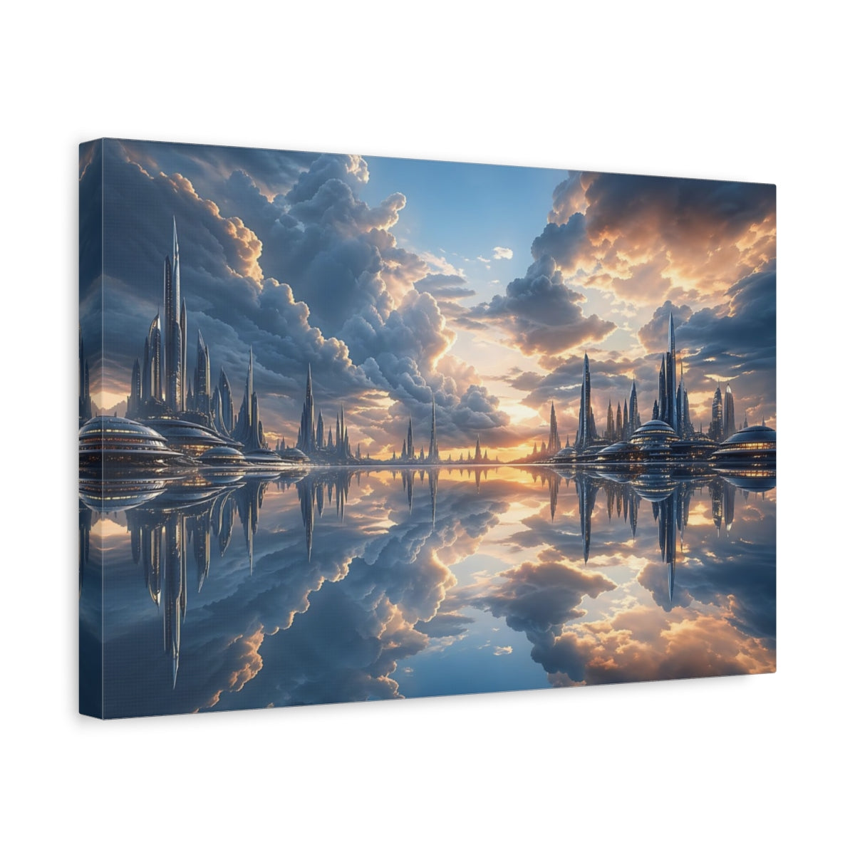 Side Mockup 4. Science Fiction Futuristic City Blue Orange Cityscape shown as stretched canvas wall art