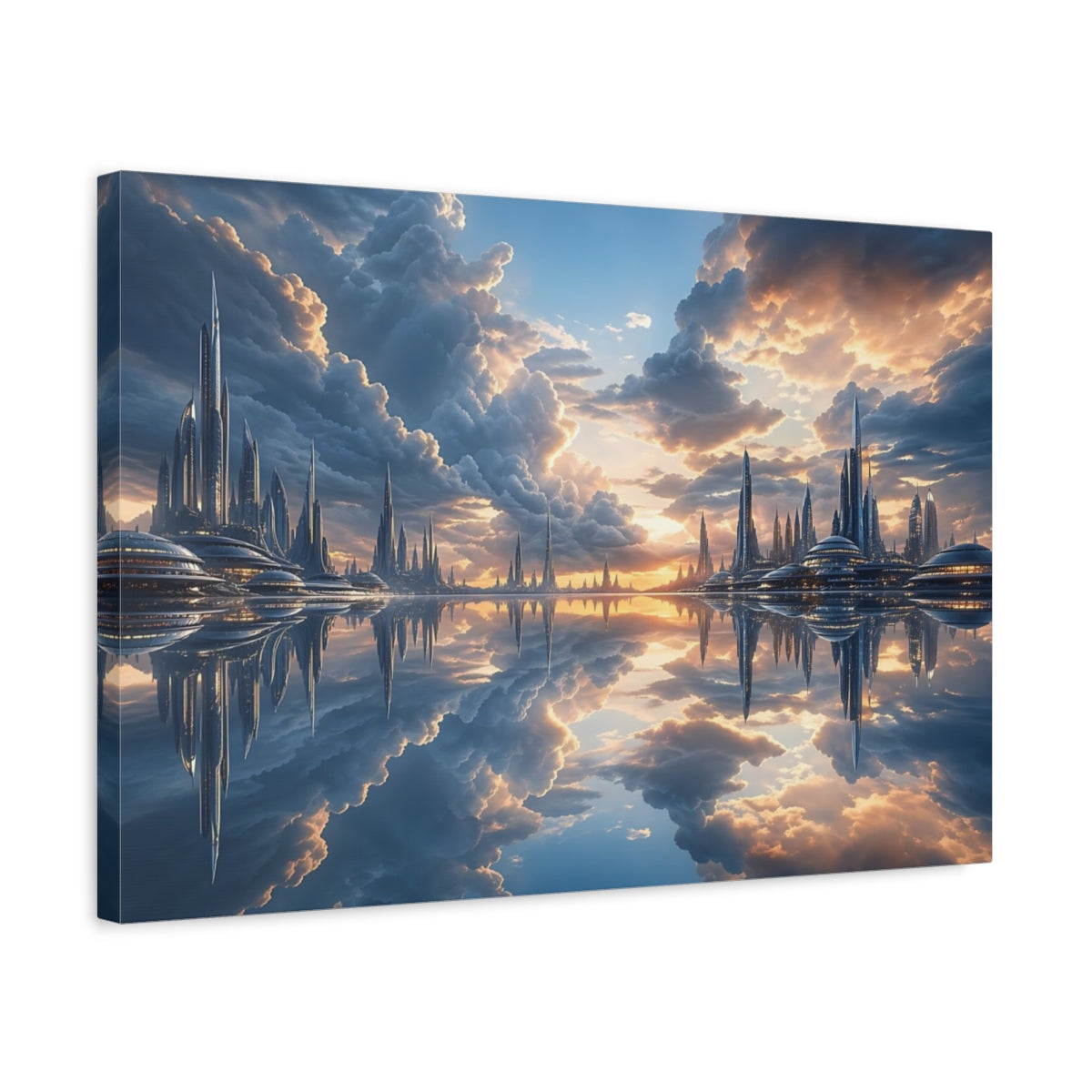 Side Mockup 3. Science Fiction Futuristic City Blue Orange Cityscape shown as stretched canvas wall art