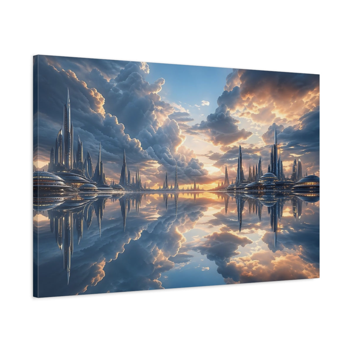 Main Mockup. Science Fiction Futuristic City Blue Orange Cityscape shown as stretched canvas wall art