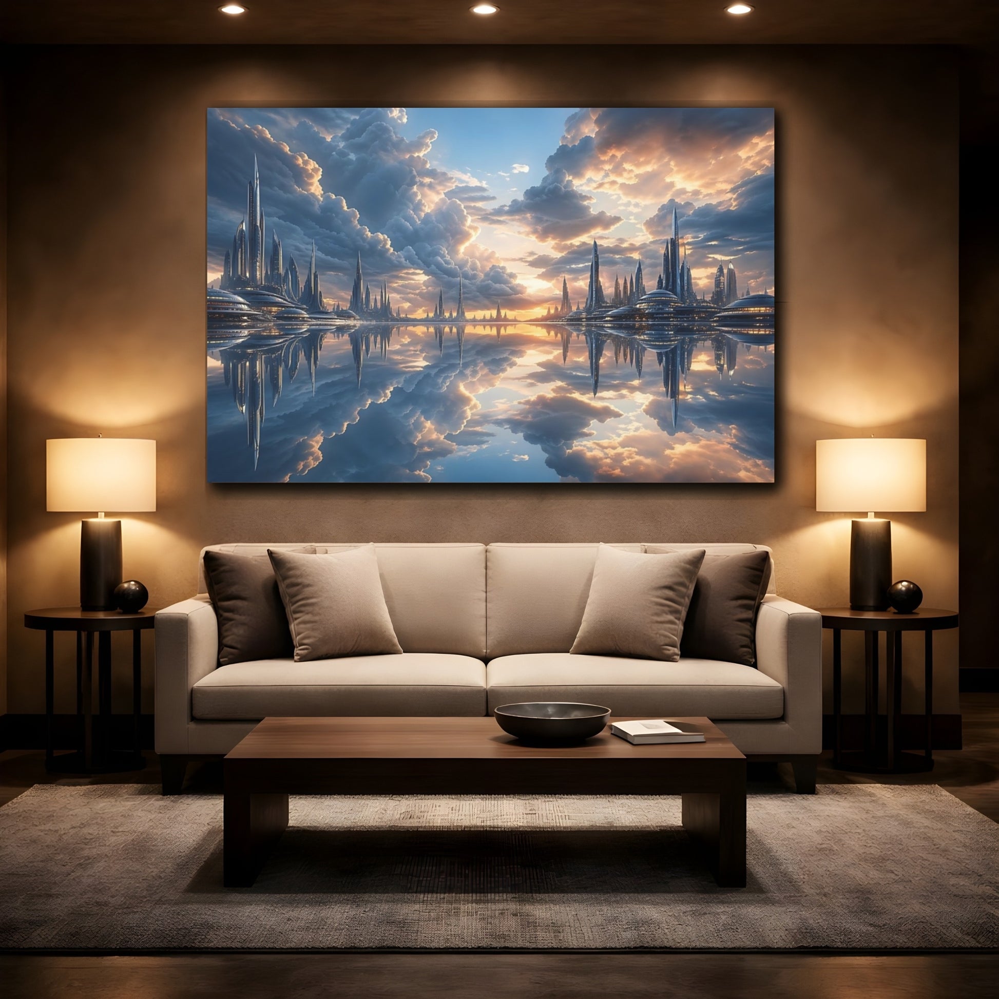 Mockup 2. Science Fiction Futuristic City Blue Orange Cityscape shown as stretched canvas wall art