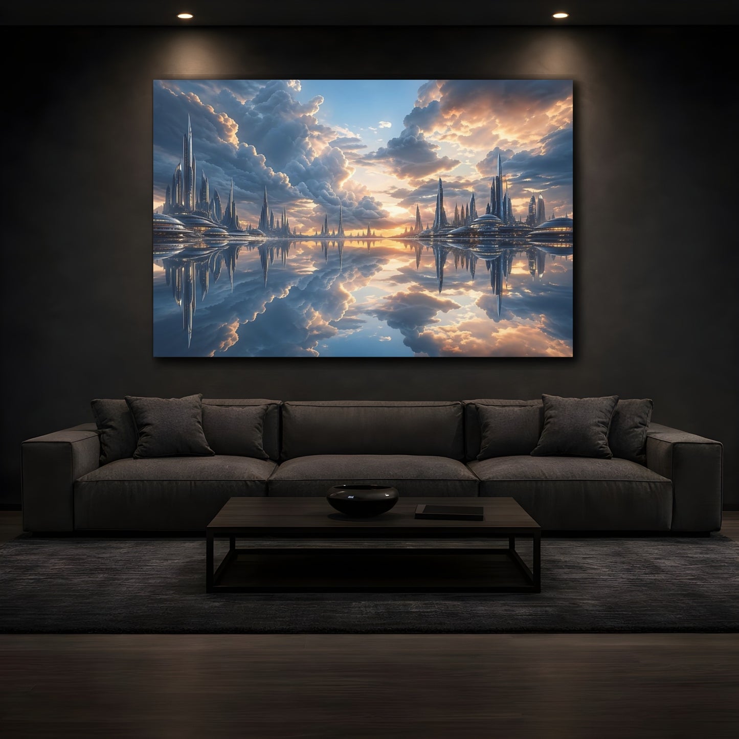 Mockup 3. Science Fiction Futuristic City Blue Orange Cityscape shown as stretched canvas wall art