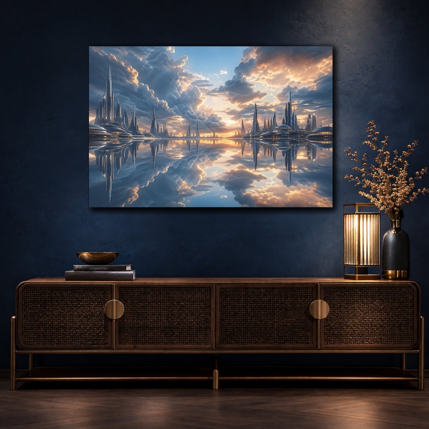 Mockup 4. Science Fiction Futuristic City Blue Orange Cityscape shown as stretched canvas wall art