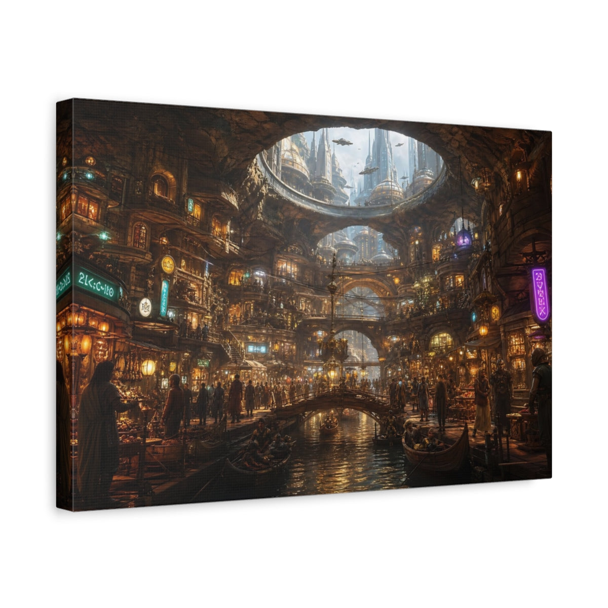 Side Mockup 4. Science Fiction Futuristic City Brown And Gold City shown as stretched canvas wall art
