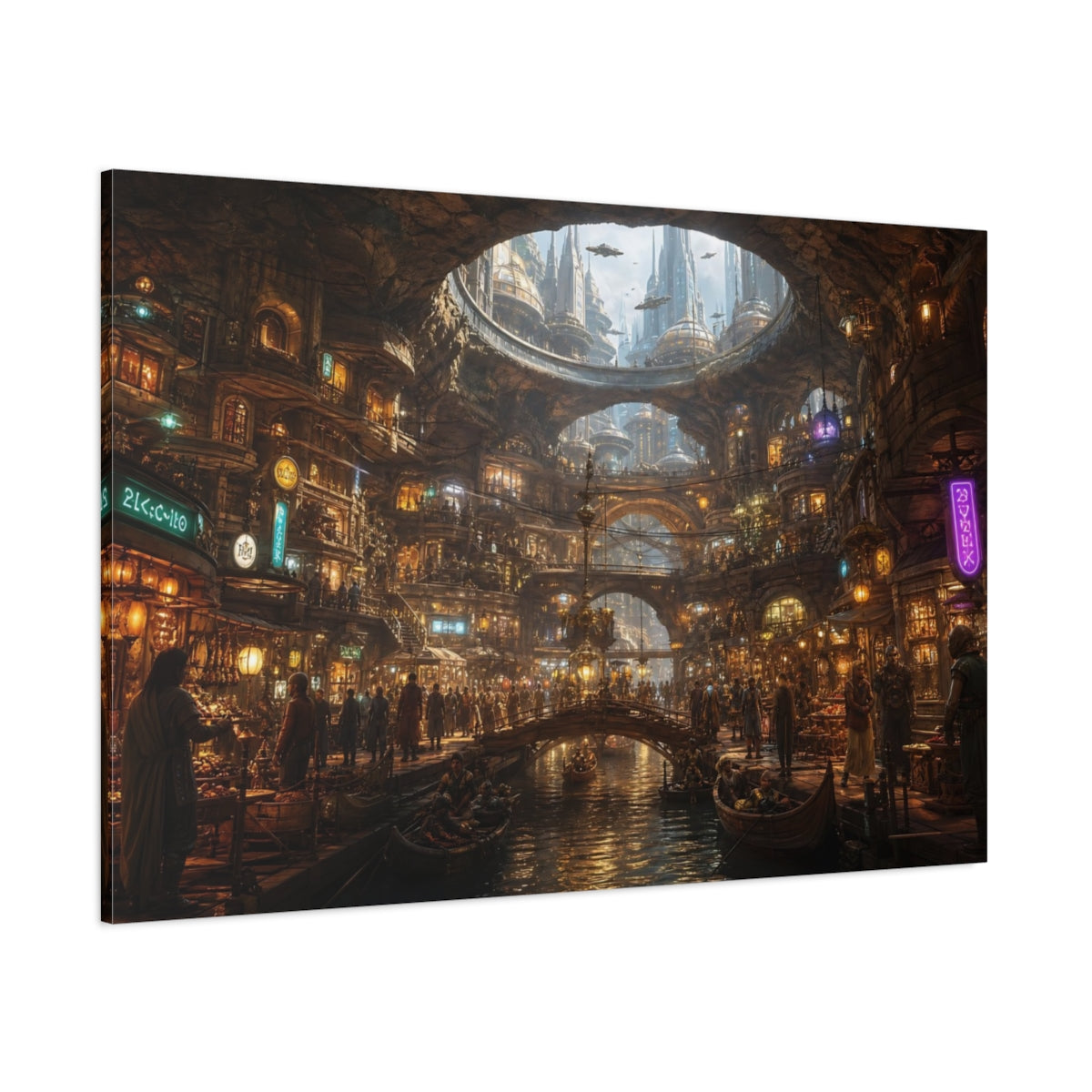 Side Mockup 1. Science Fiction Futuristic City Brown And Gold City shown as stretched canvas wall art