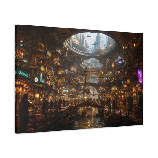 Main Mockup. Science Fiction Futuristic City Brown And Gold City shown as stretched canvas wall art