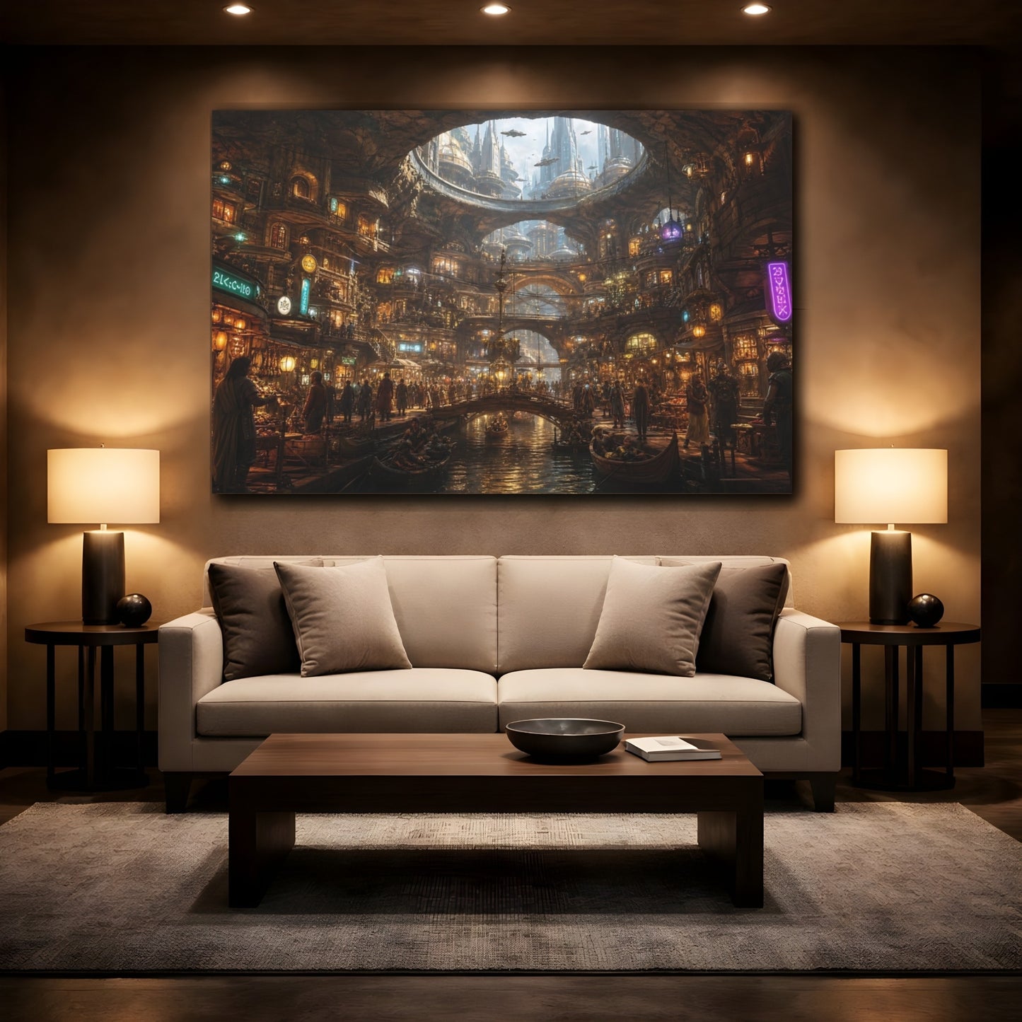 Mockup 2. Science Fiction Futuristic City Brown And Gold City shown as stretched canvas wall art