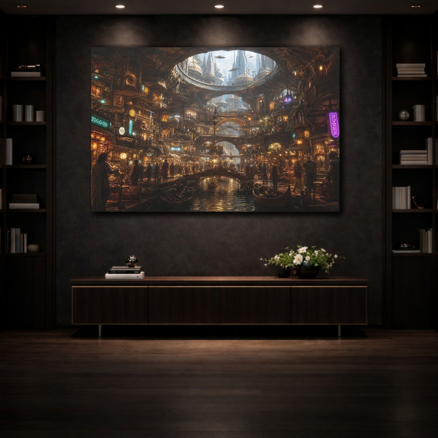 Mockup 3. Science Fiction Futuristic City Brown And Gold City shown as stretched canvas wall art