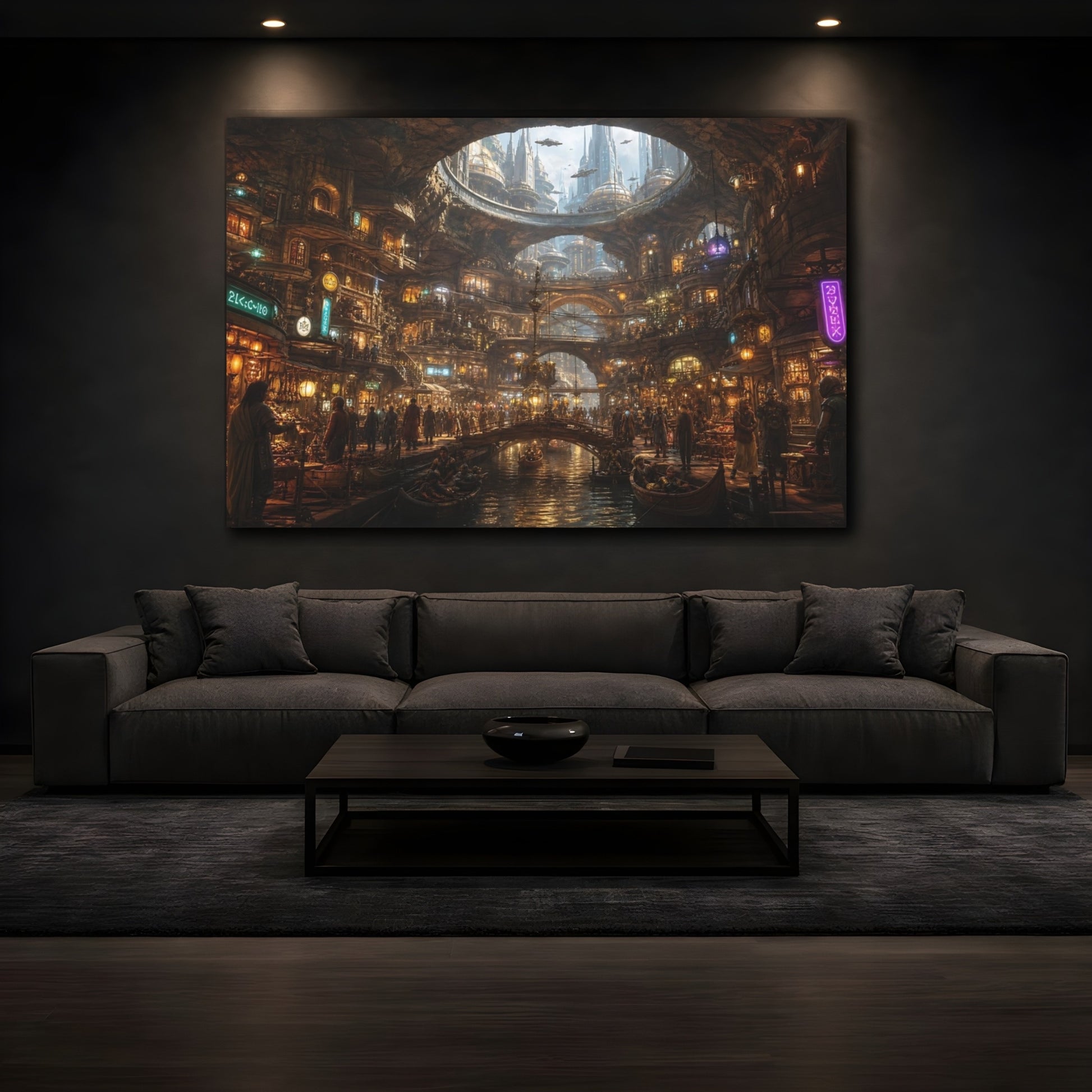 Mockup 4. Science Fiction Futuristic City Brown And Gold City shown as stretched canvas wall art