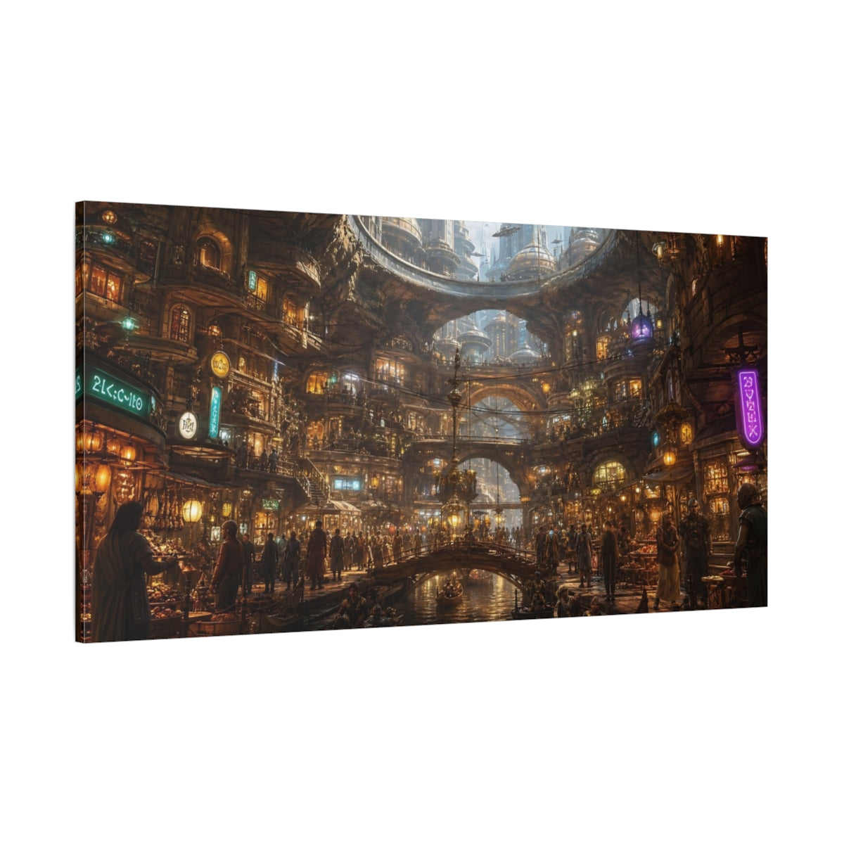 Side Mockup 2. Science Fiction Futuristic City Futuristic Cityscape shown as stretched canvas wall art
