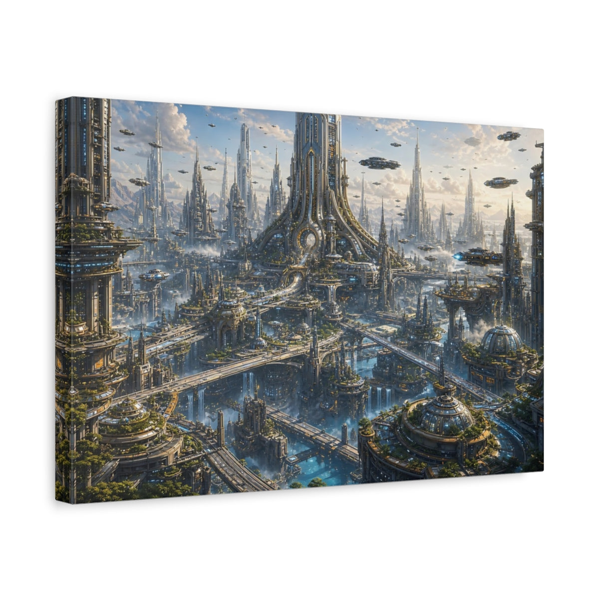 Side Mockup 4. Science Fiction Futuristic City Futuristic Cityscape shown as stretched canvas wall art