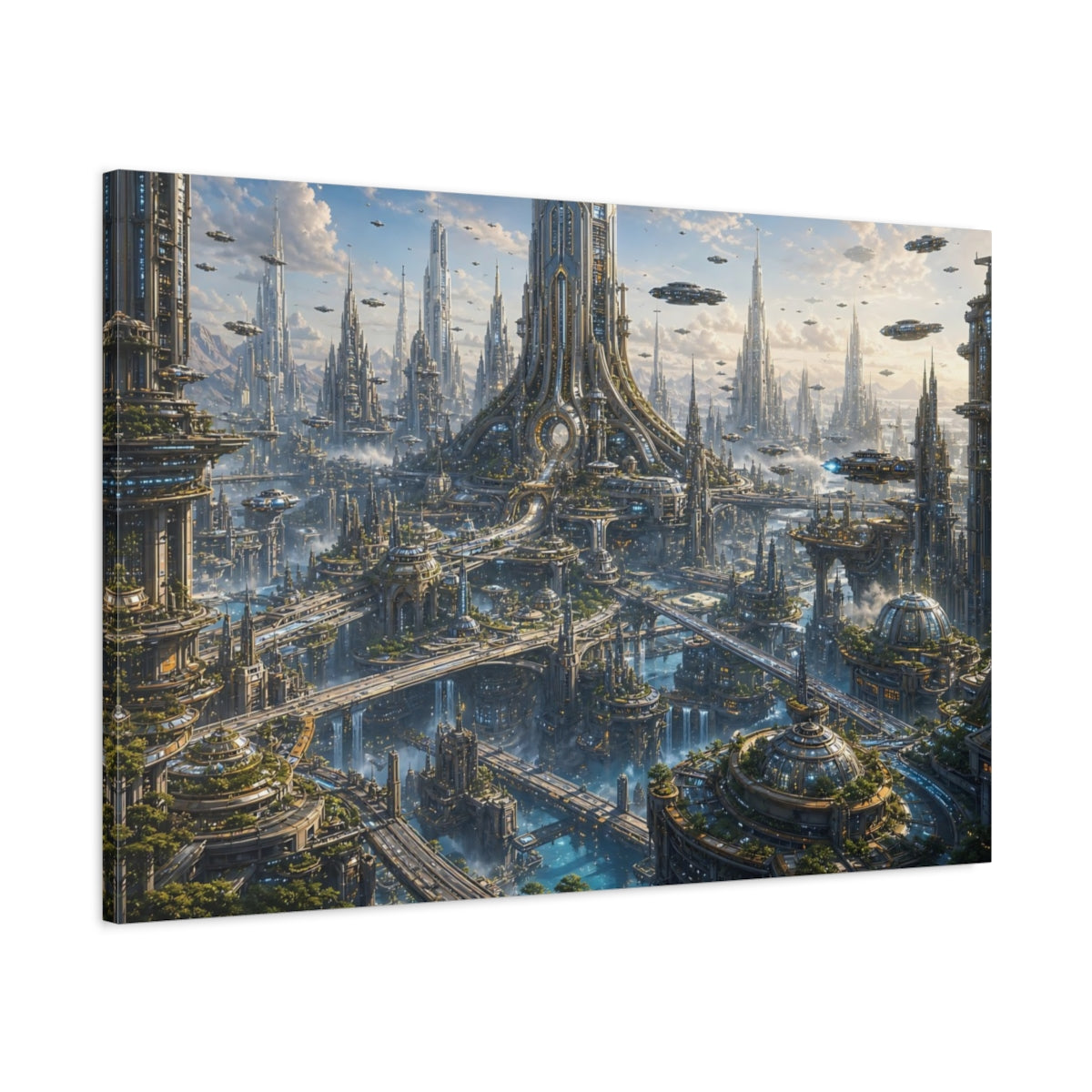 Main Mockup. Science Fiction Futuristic City Futuristic Cityscape shown as stretched canvas wall art