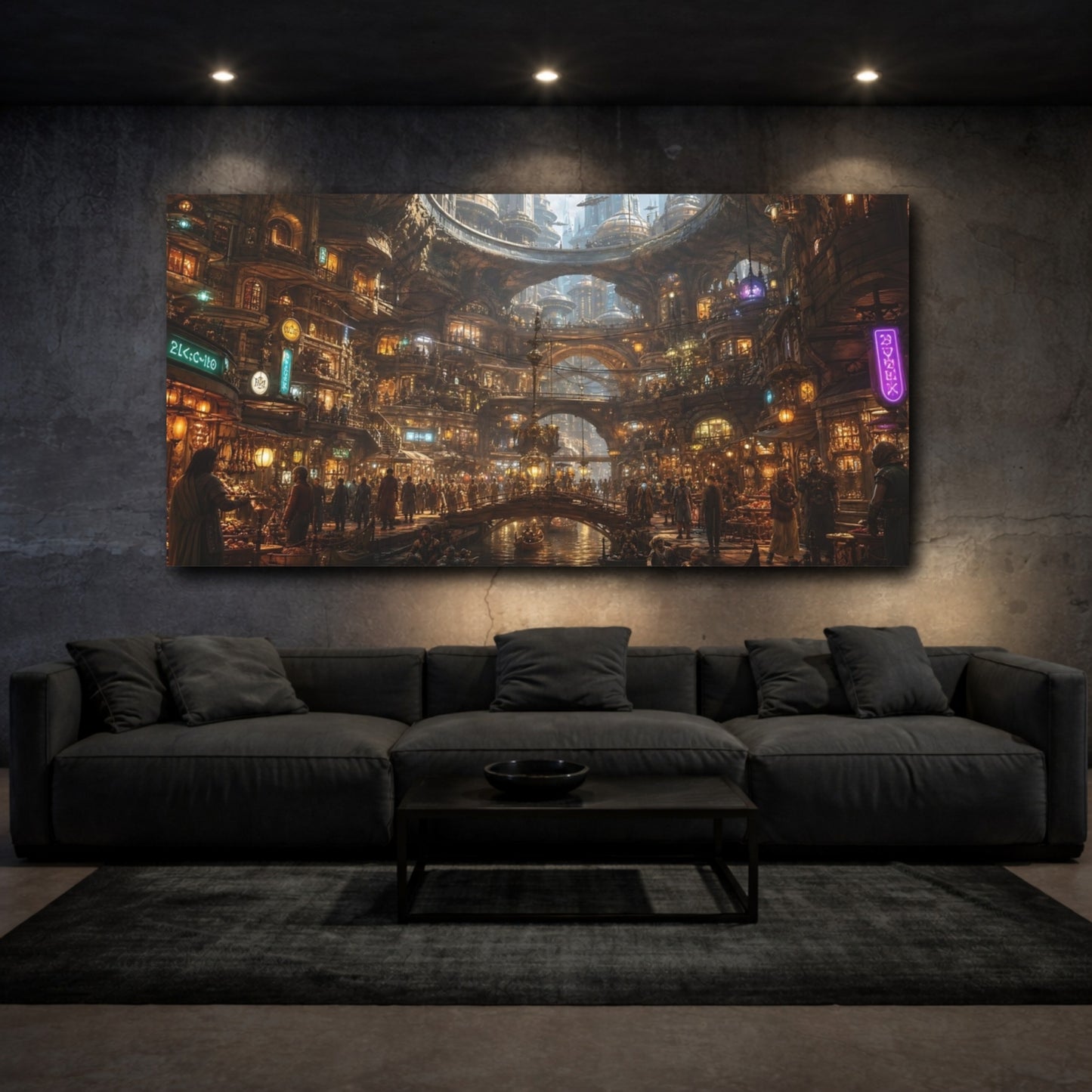 Mockup 2. Science Fiction Futuristic City Futuristic Cityscape shown as stretched canvas wall art