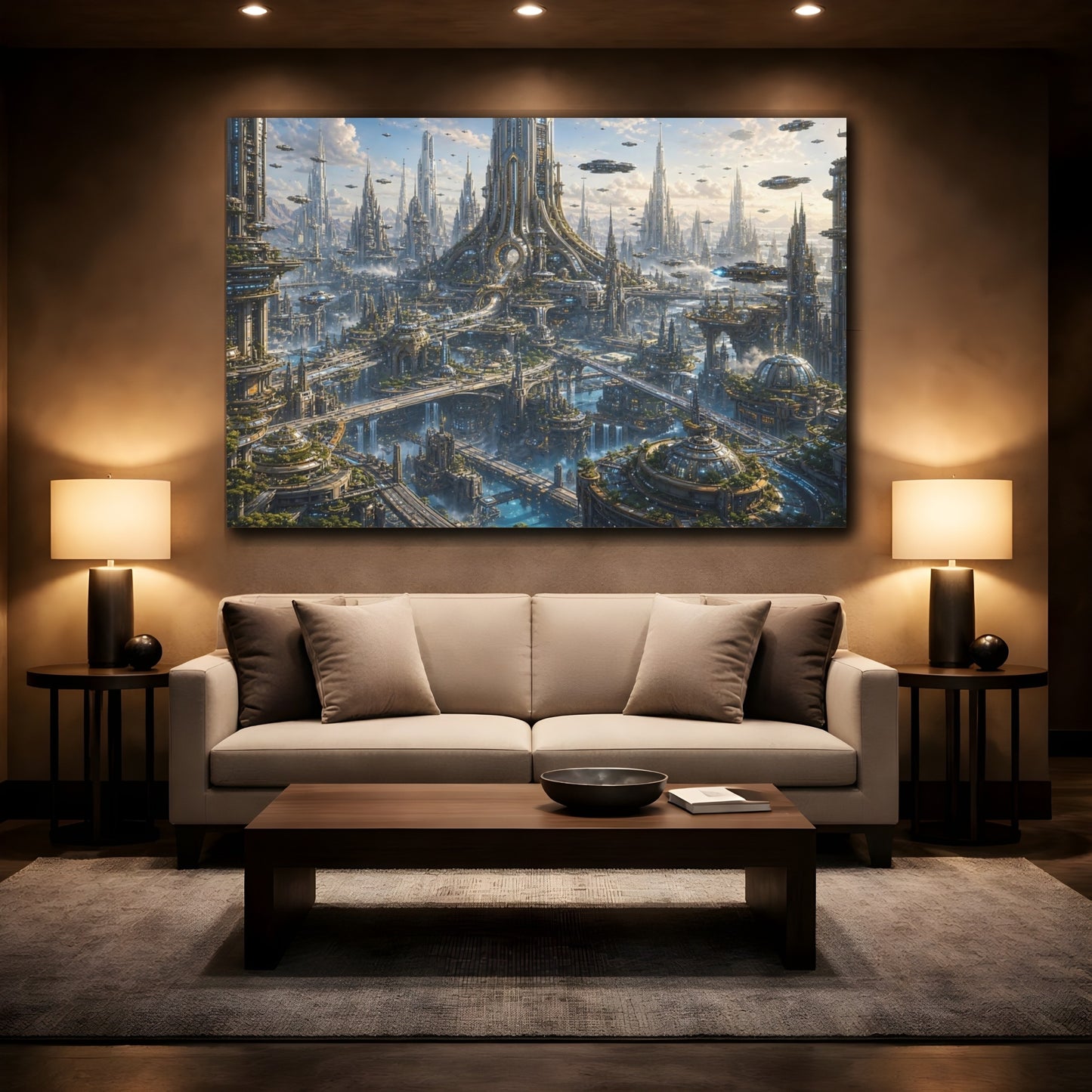 Mockup 2. Science Fiction Futuristic City Futuristic Cityscape shown as stretched canvas wall art