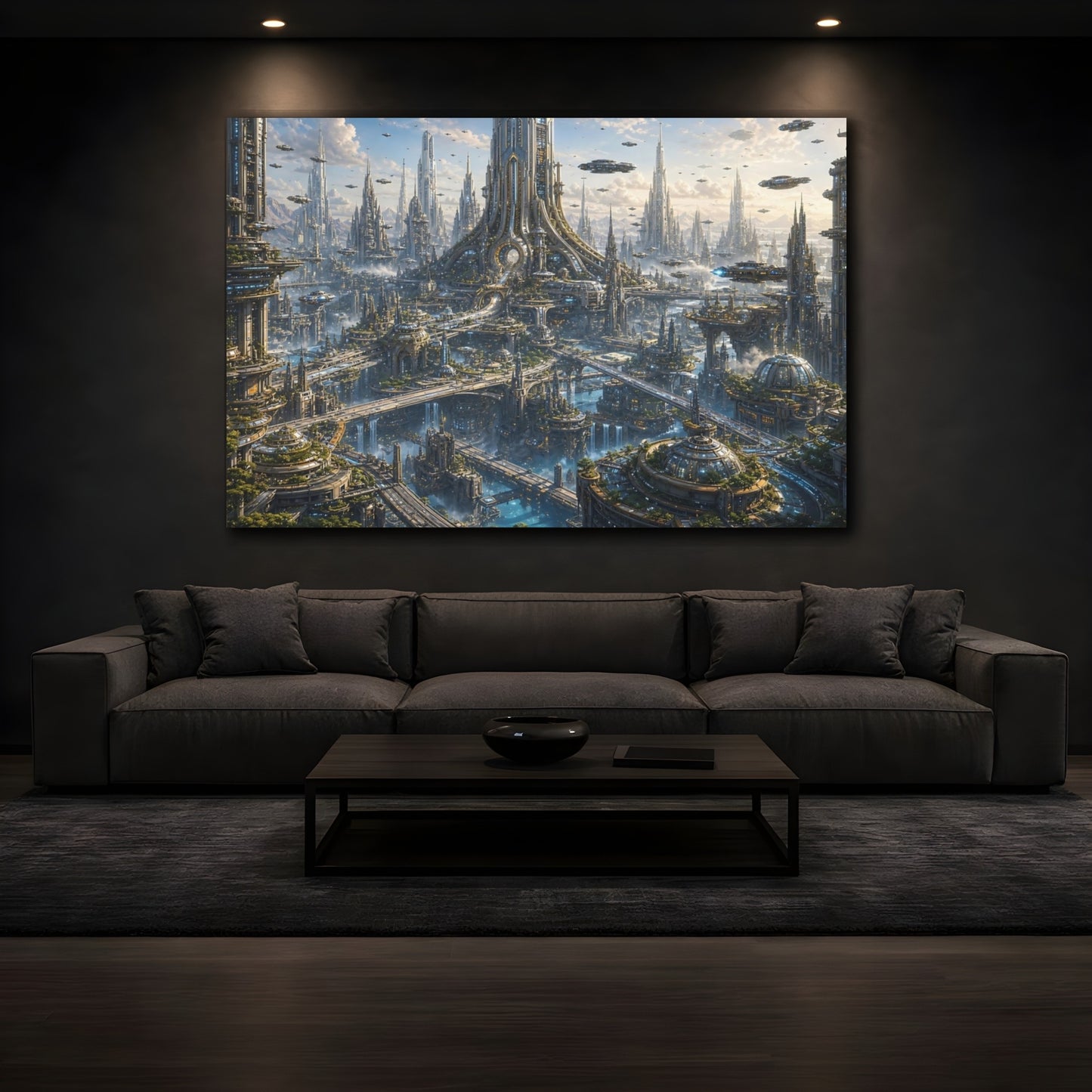 Mockup 3. Science Fiction Futuristic City Futuristic Cityscape shown as stretched canvas wall art