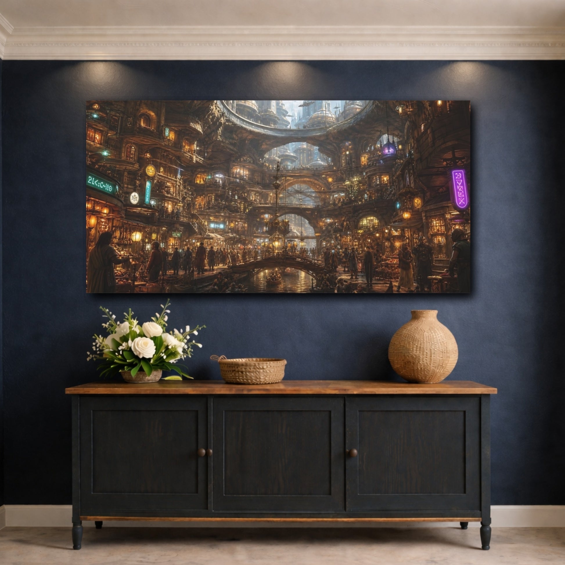 Mockup 4. Science Fiction Futuristic City Futuristic Cityscape shown as stretched canvas wall art