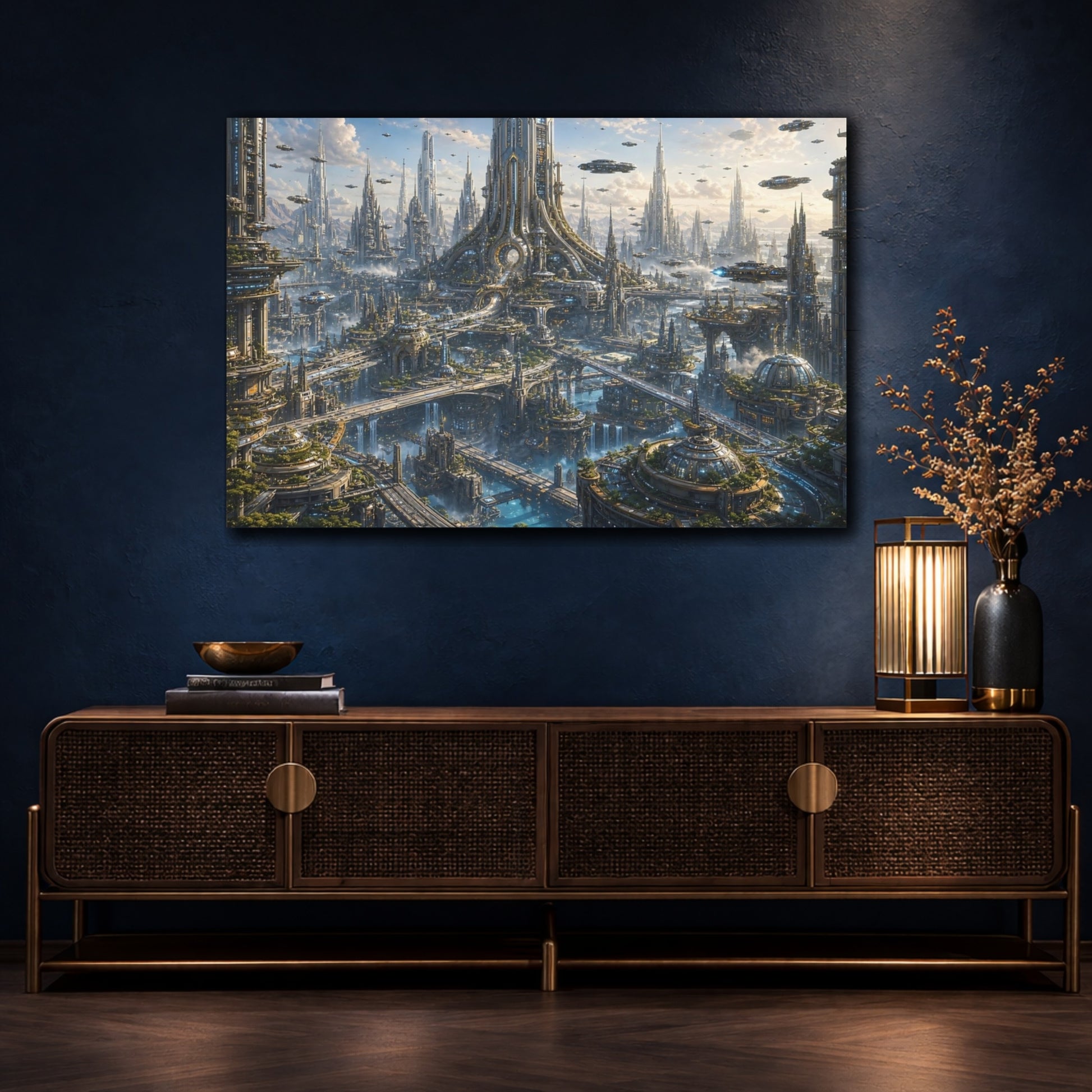 Mockup 4. Science Fiction Futuristic City Futuristic Cityscape shown as stretched canvas wall art