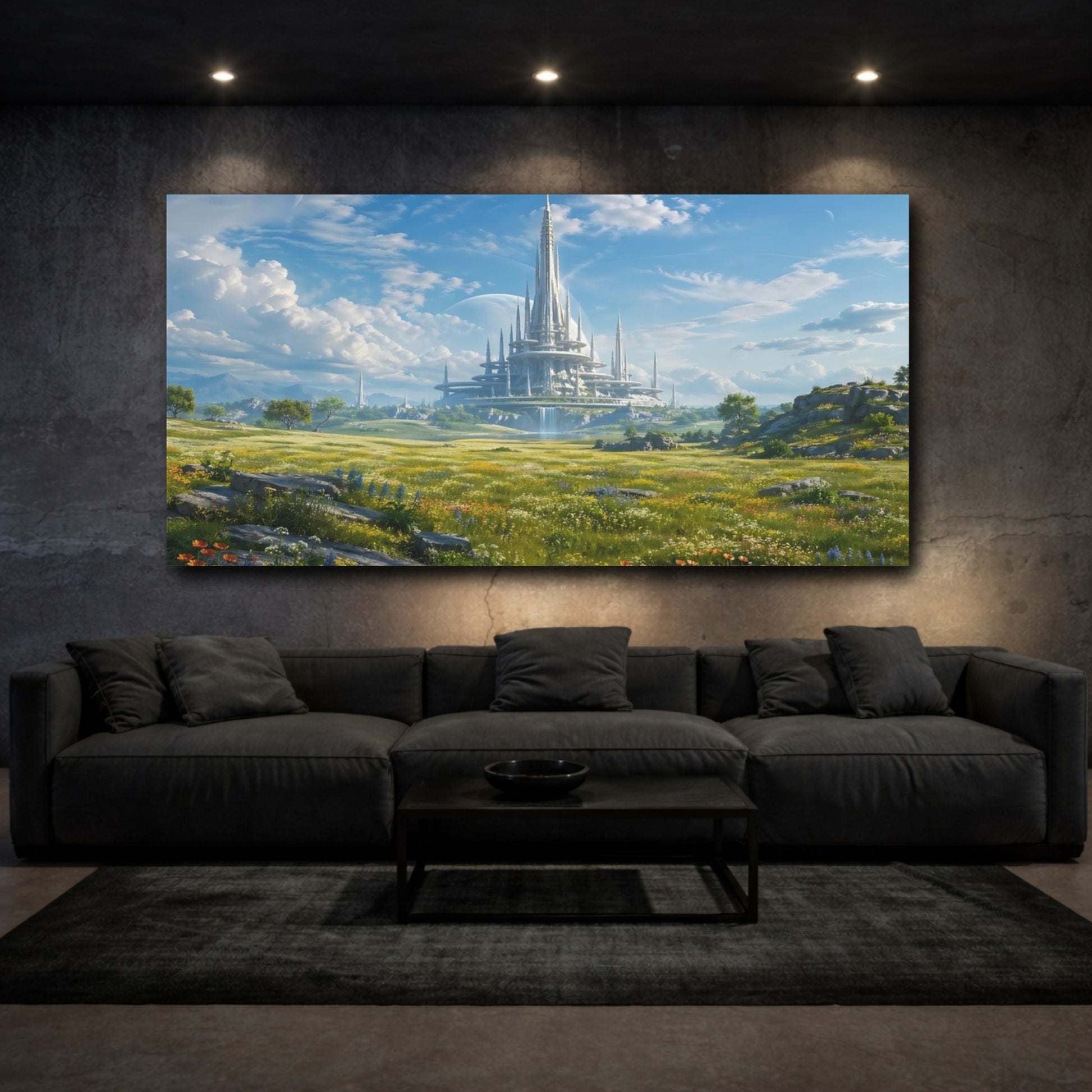 Mockup 2. Science Fiction Futuristic City Futuristic Landscape shown as stretched canvas wall art