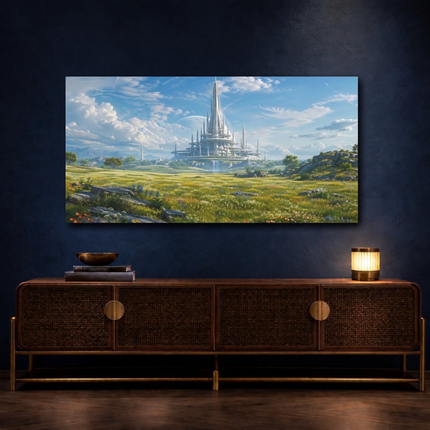 Mockup 4. Science Fiction Futuristic City Futuristic Landscape shown as stretched canvas wall art