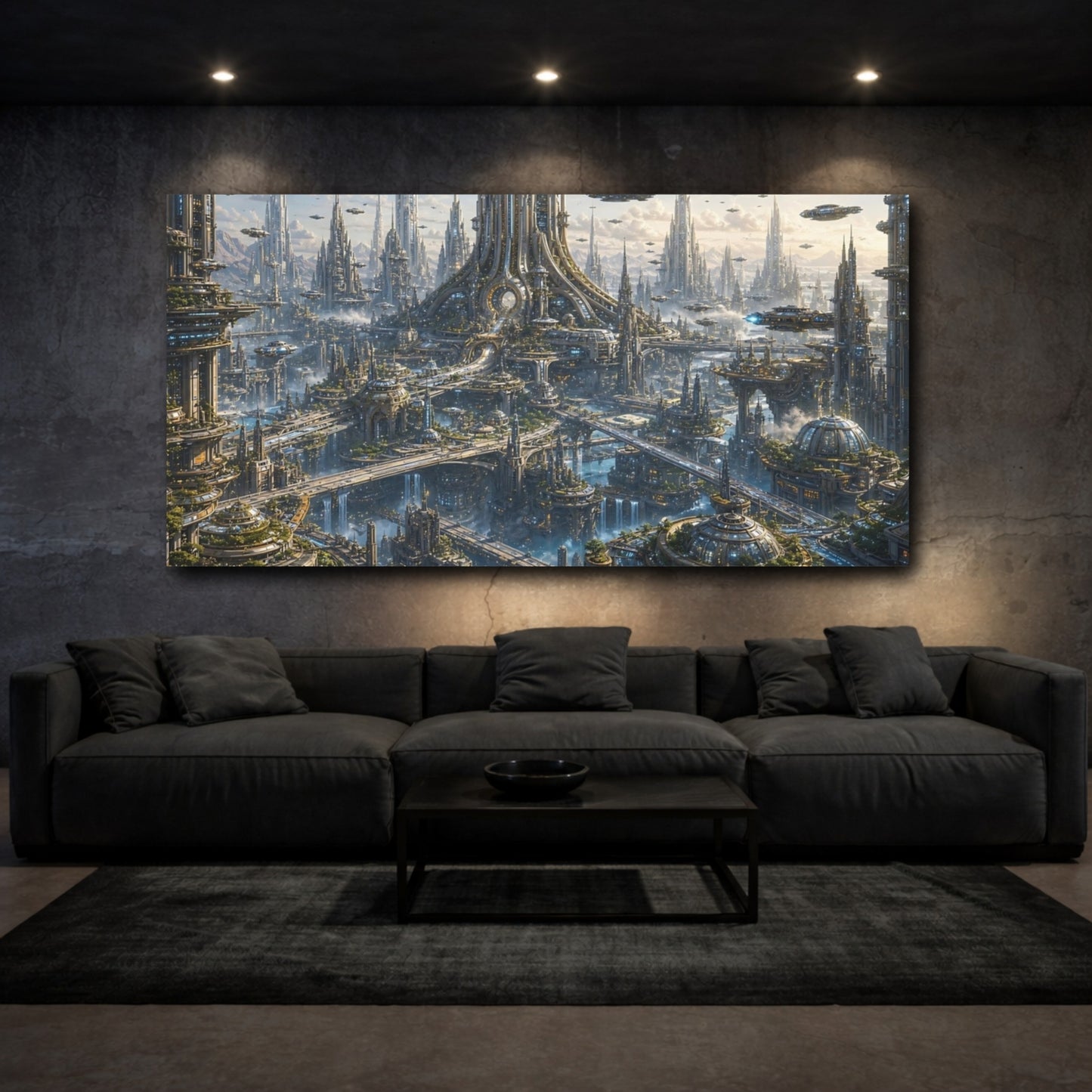Mockup 2. Science Fiction Futuristic City Futuristic Metropolis shown as stretched canvas wall art