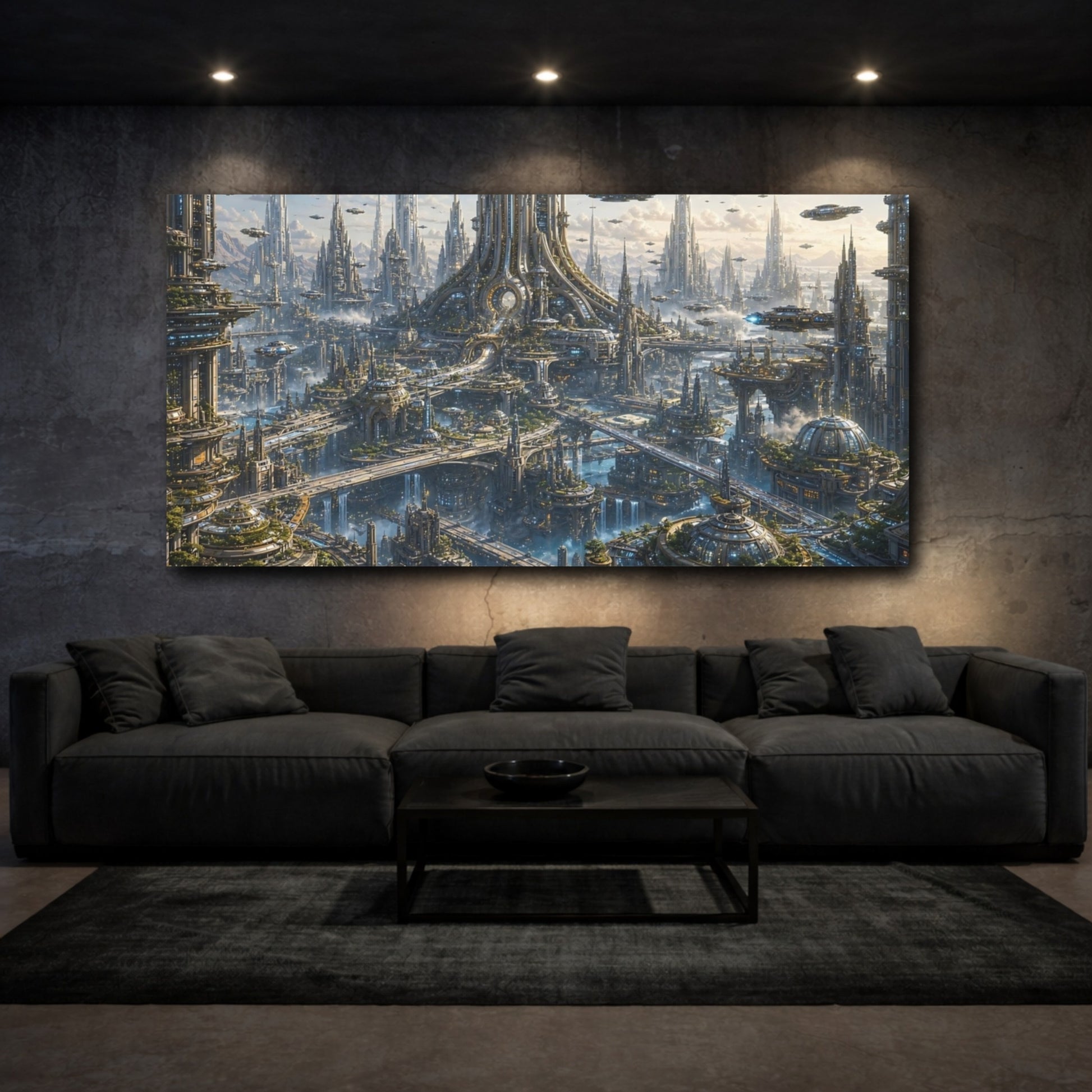 Mockup 2. Science Fiction Futuristic City Futuristic Metropolis shown as stretched canvas wall art