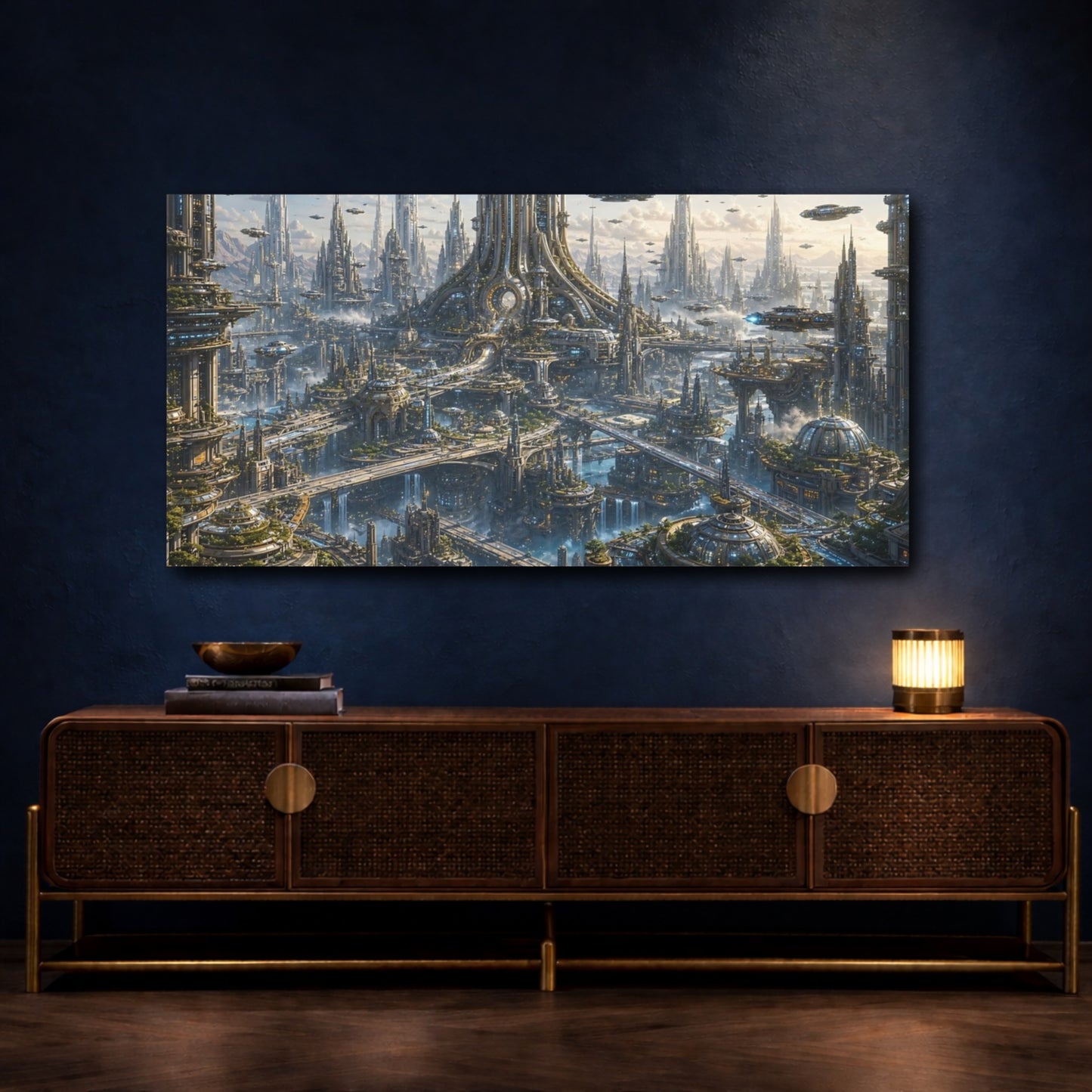 Mockup 4. Science Fiction Futuristic City Futuristic Metropolis shown as stretched canvas wall art