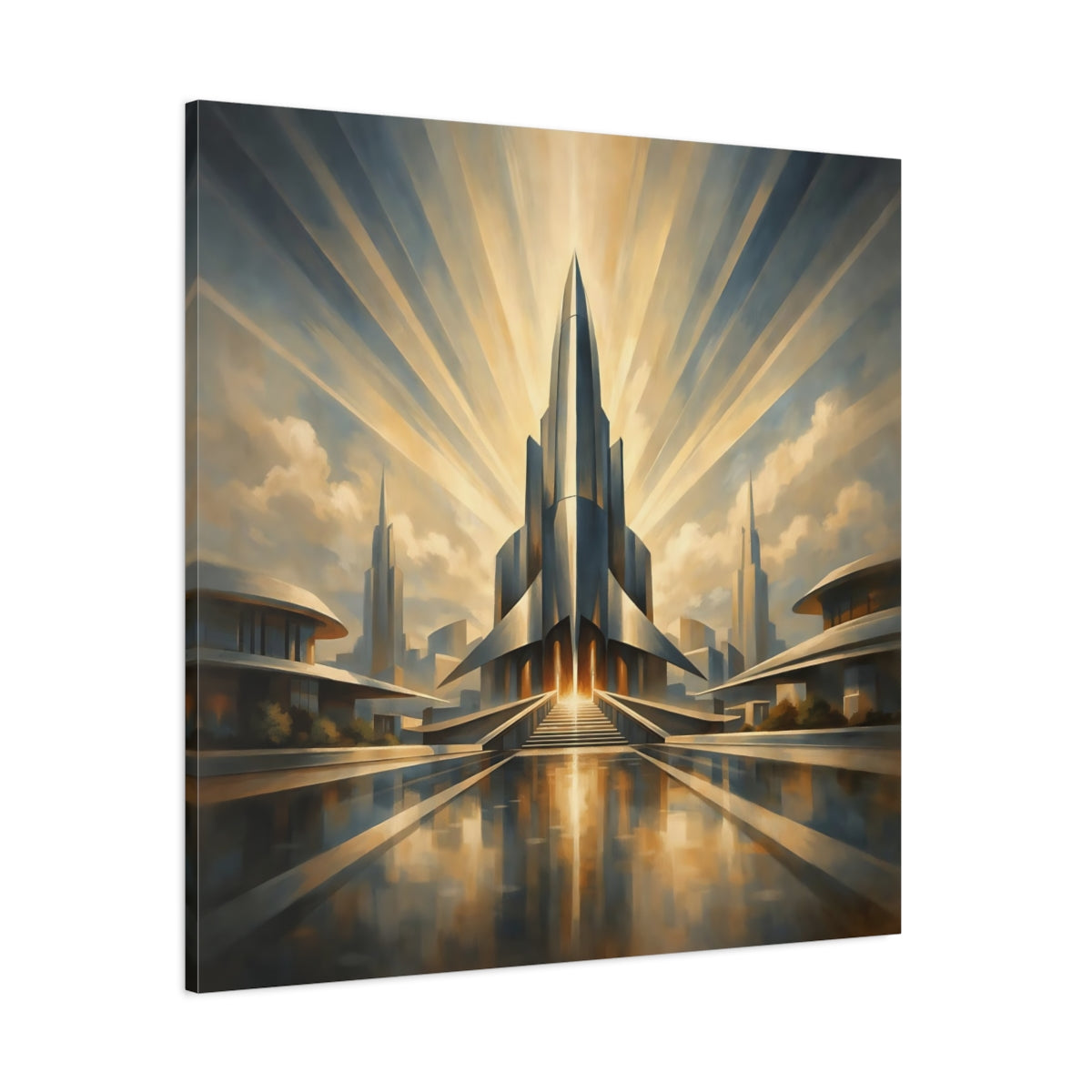 Main Mockup. Science Fiction Futuristic City Gold And Blue shown as stretched canvas wall art